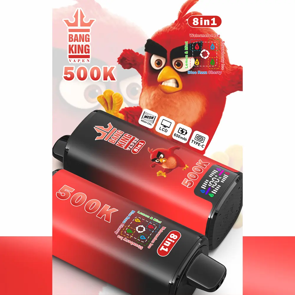 Vaper desechable Bang King 500K 8-en-1, sabores: Watermelon Ice, Lemon Mint, Strawberry Ice y Blue Razz Cherry