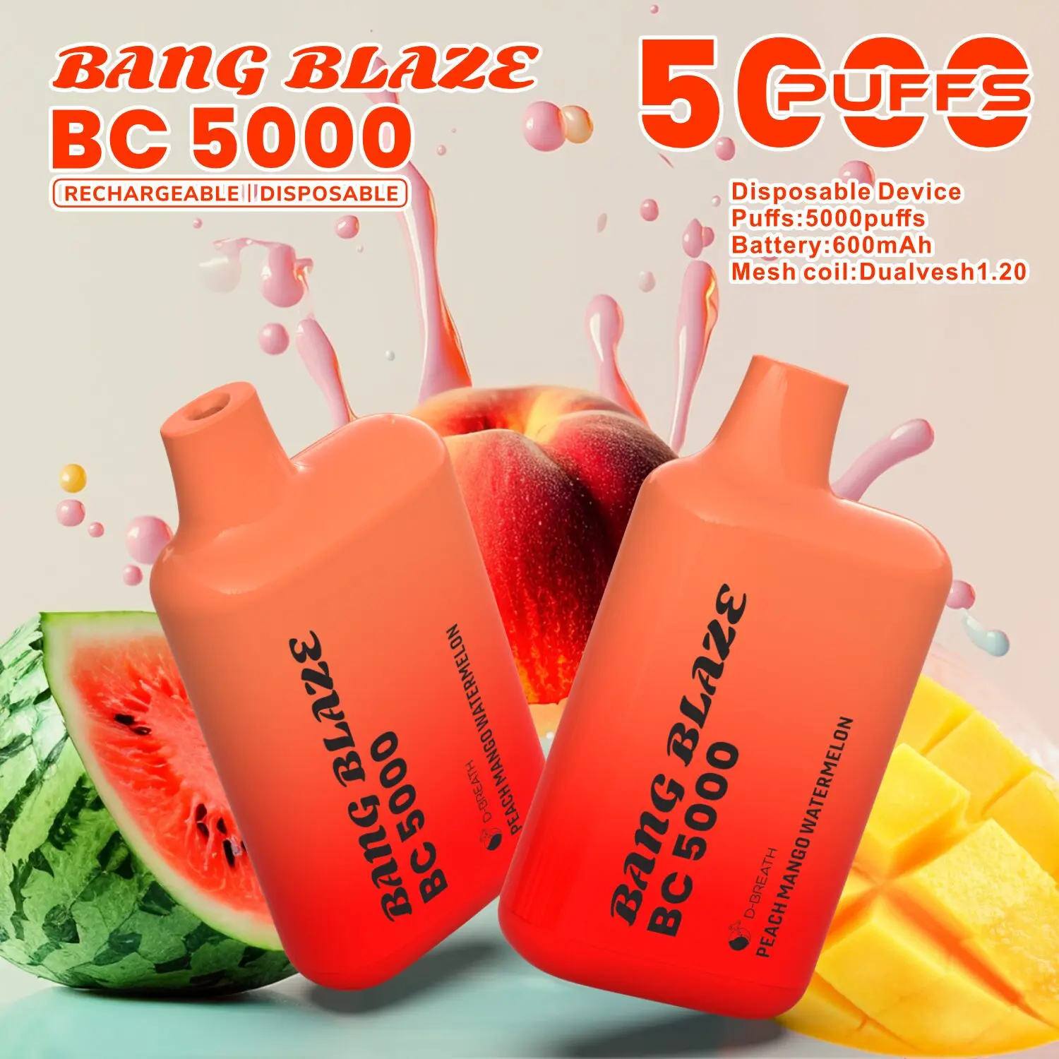 Vaper desechable Bang Blaze BC 5000 sabor Peach Mango Watermelon