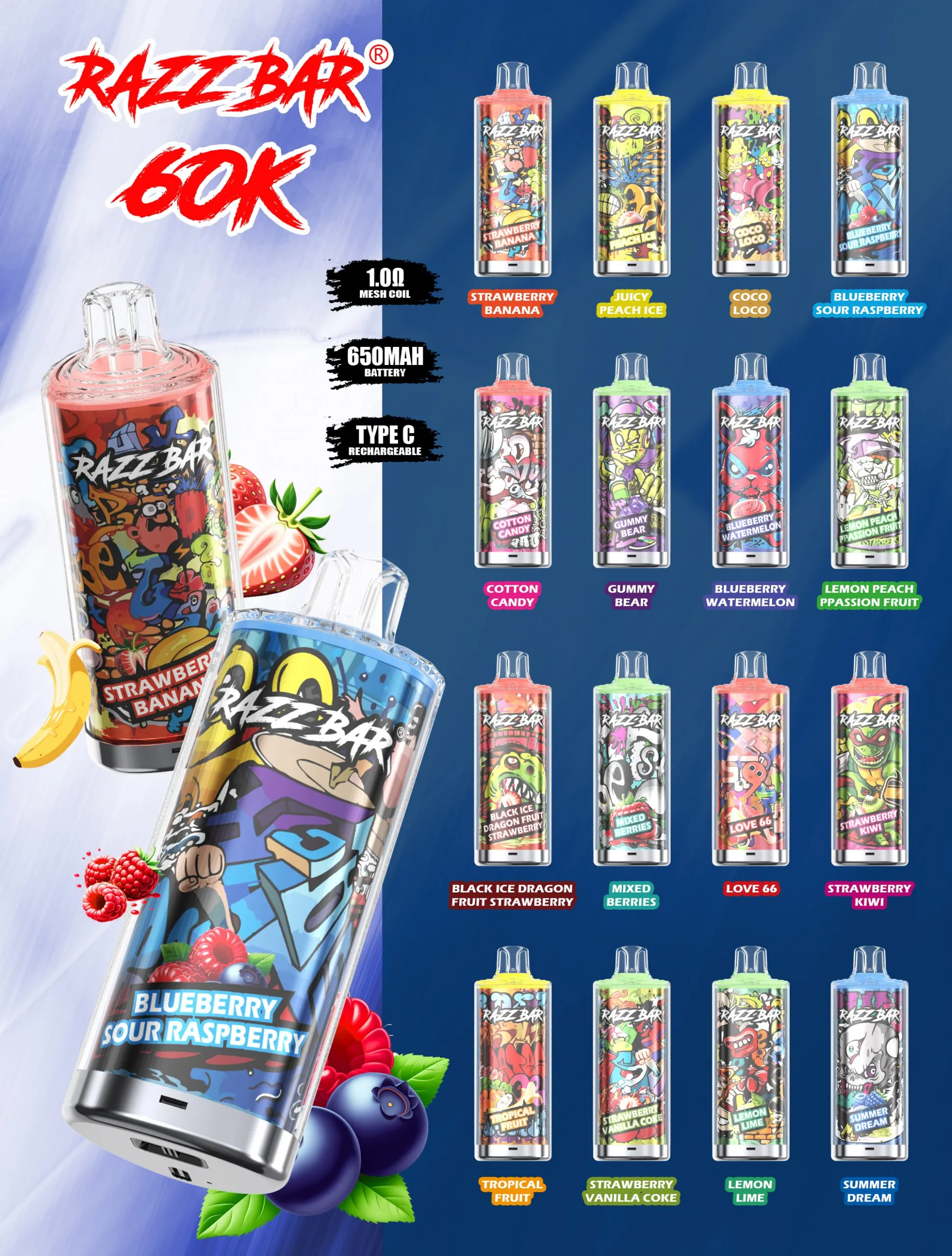 Razz Bar 60K Puffs Crystal – lista de sabores disponibles