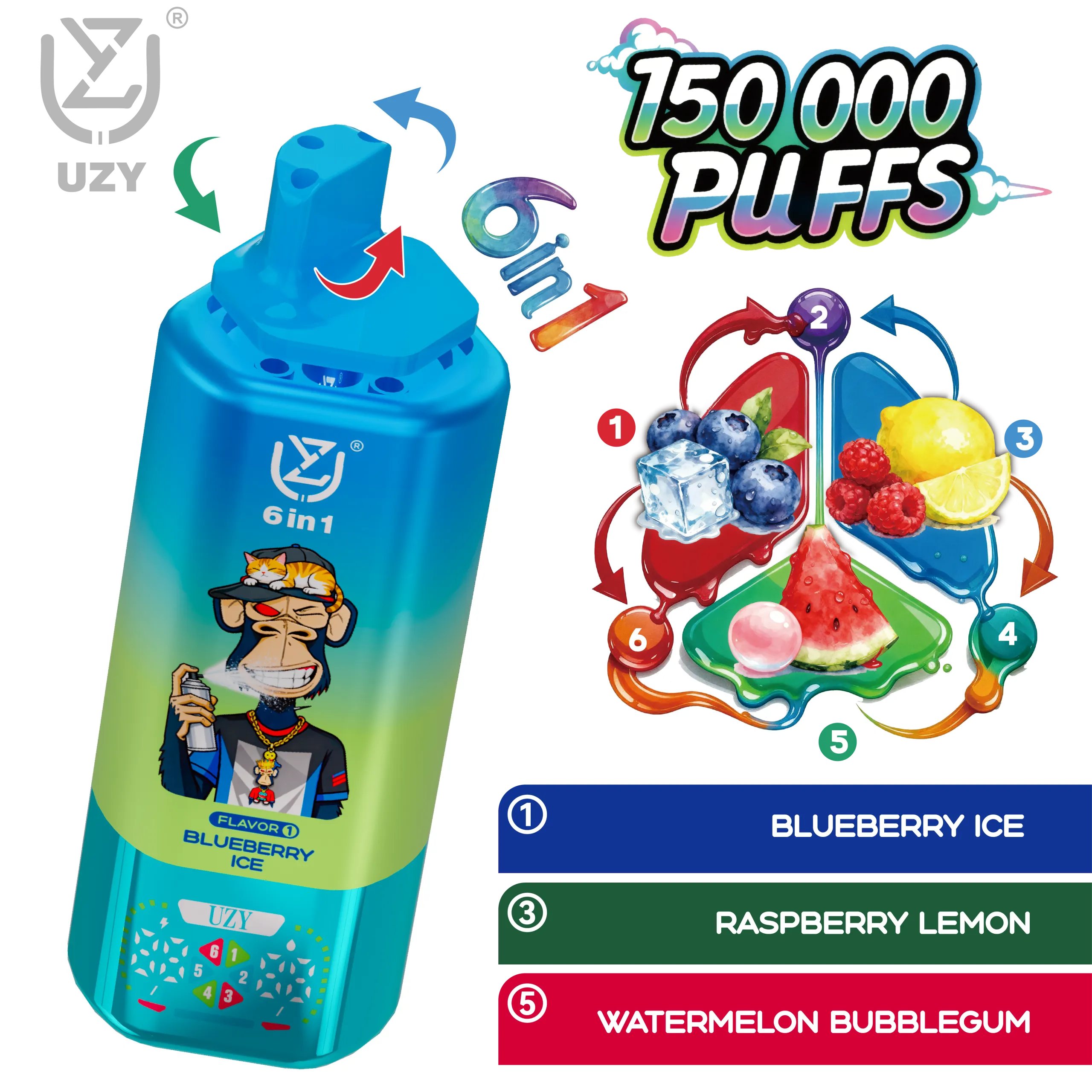 Vapemaison UZY 6 en 1 150K - sabores Blueberry Ice y Raspberry Lemon