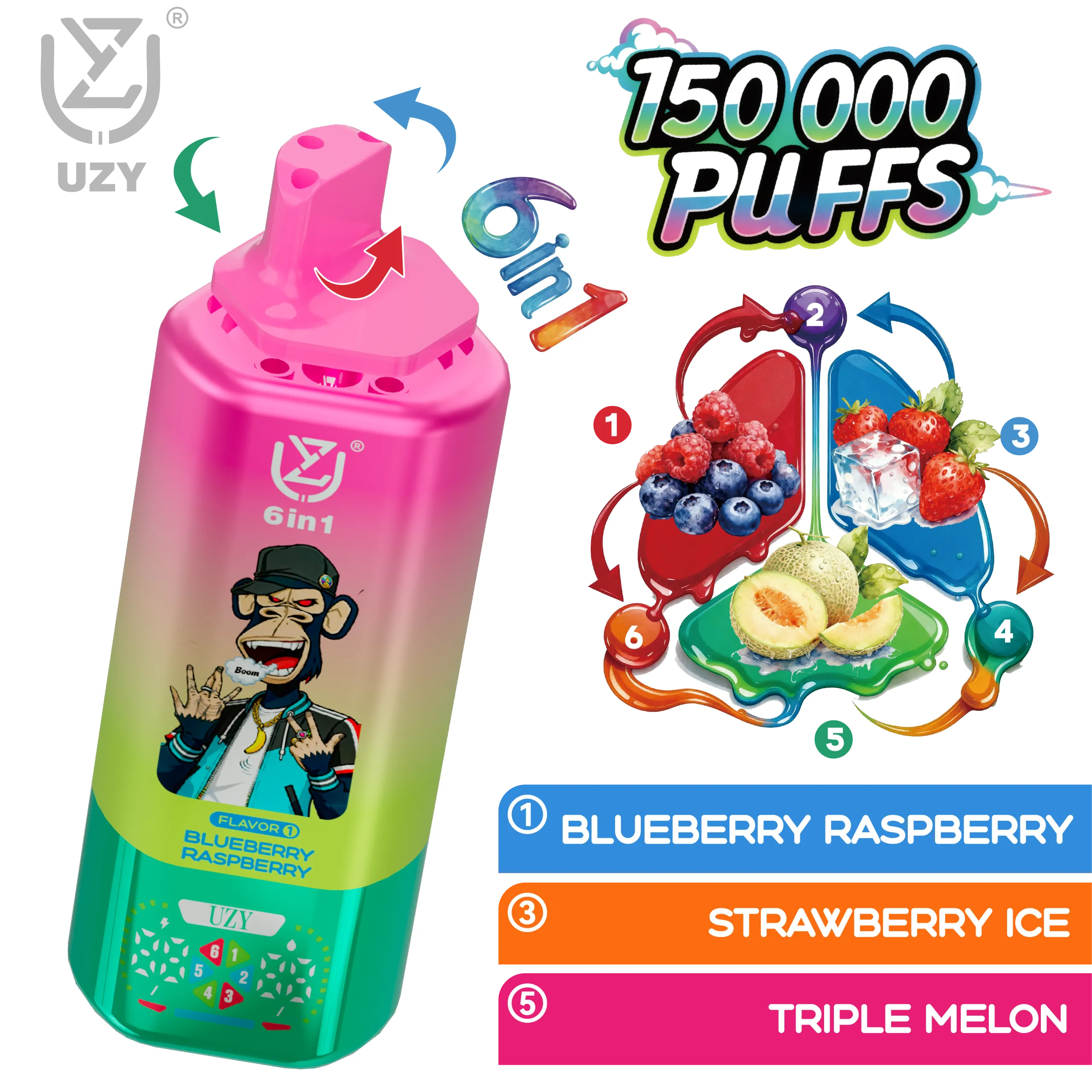 Vapemaison UZY 6 en 1 150K - sabores Blueberry Raspberry y Strawberry Ice