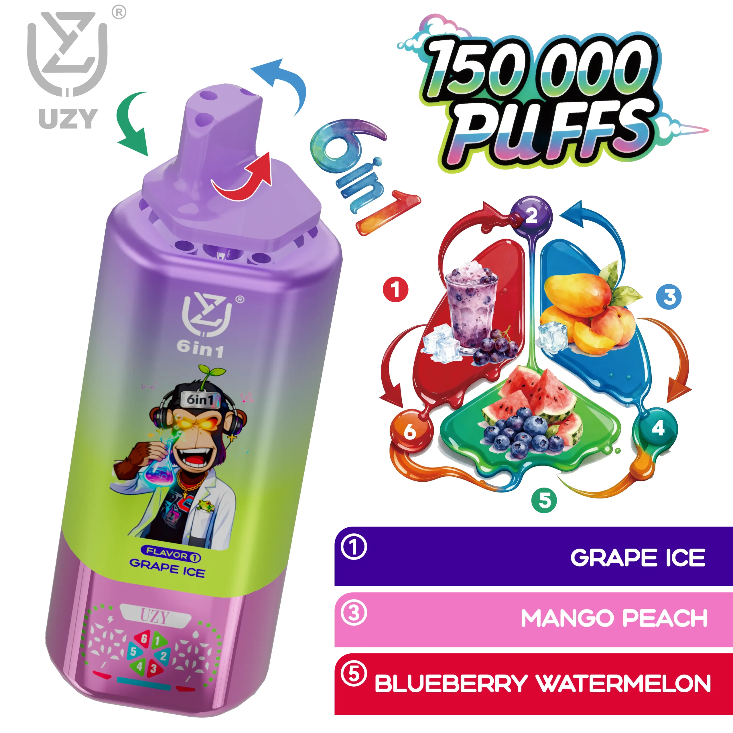 Vapemaison UZY 6 en 1 150K - sabores Grape Ice y Mango Peach