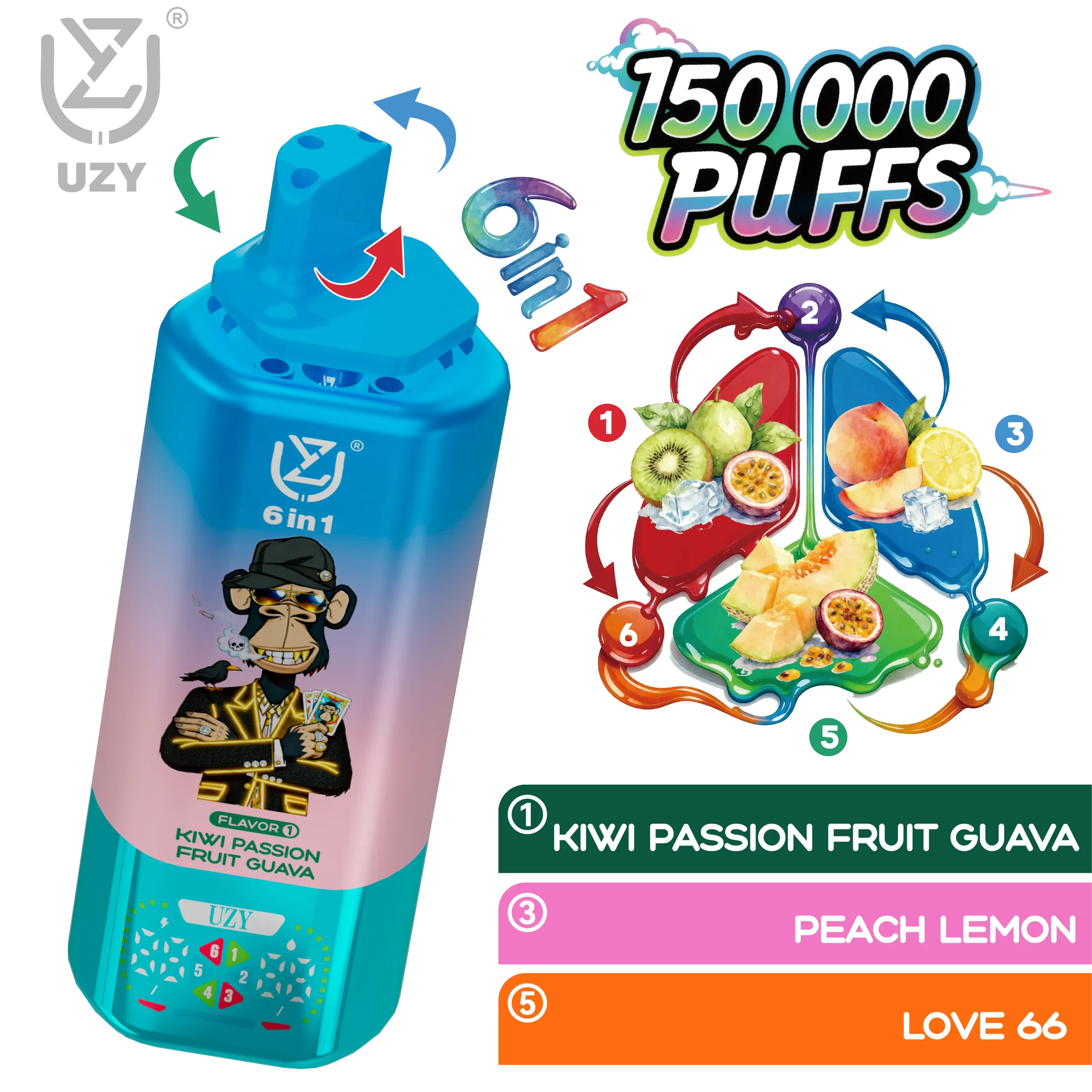 Vapemaison UZY 6 en 1 150K - sabores Kiwi Passionfruit Guava y Peach Lemon