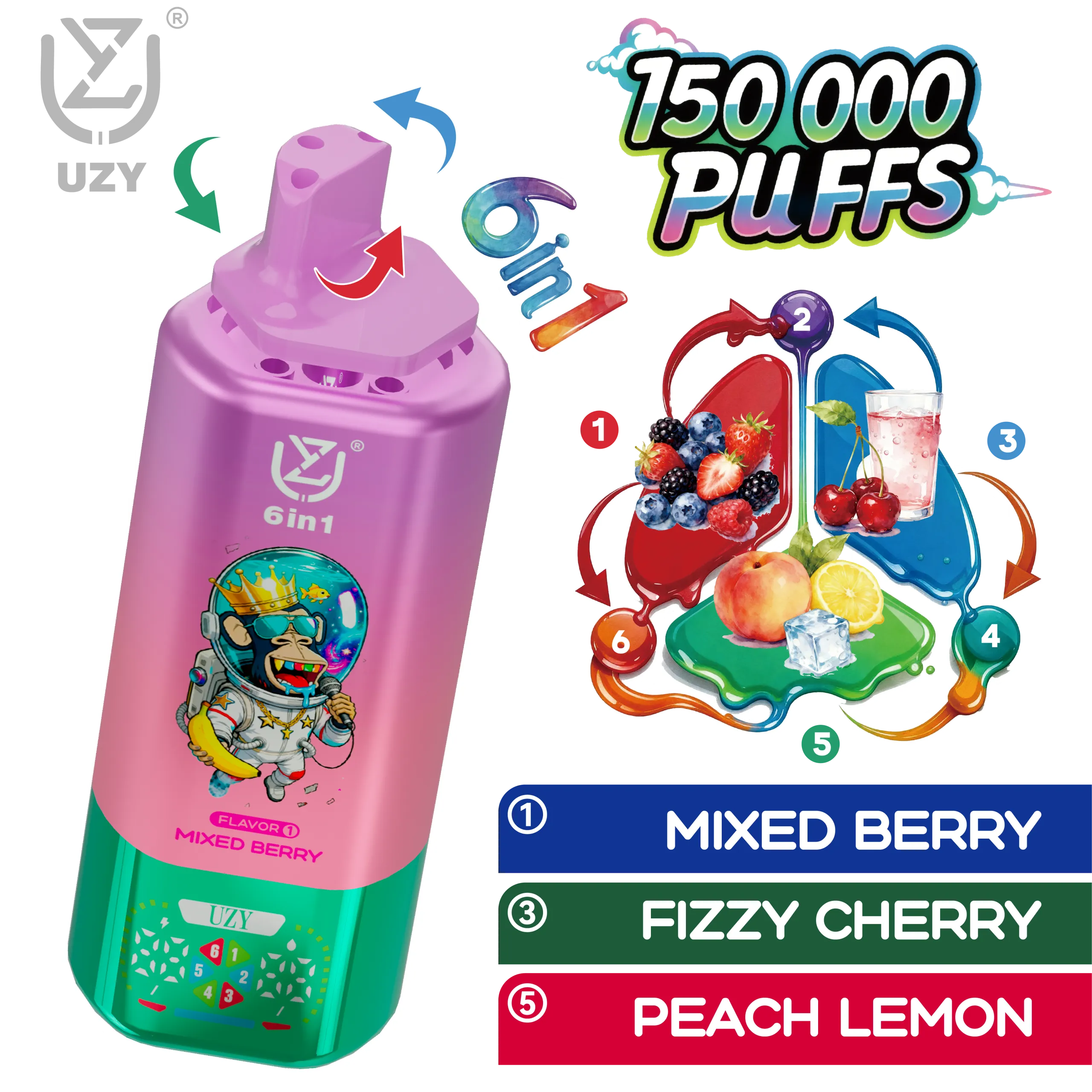 Vapemaison UZY 6 en 1 150K - sabores Mixed Berry y Fizzy Cherry