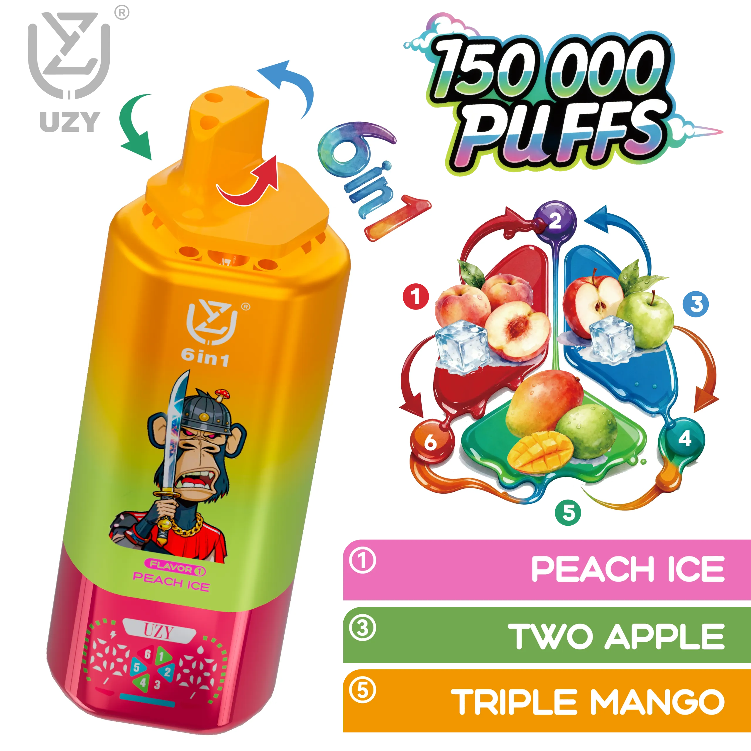 Vapemaison UZY 6 en 1 150K - sabores Peach Ice y Two Apple
