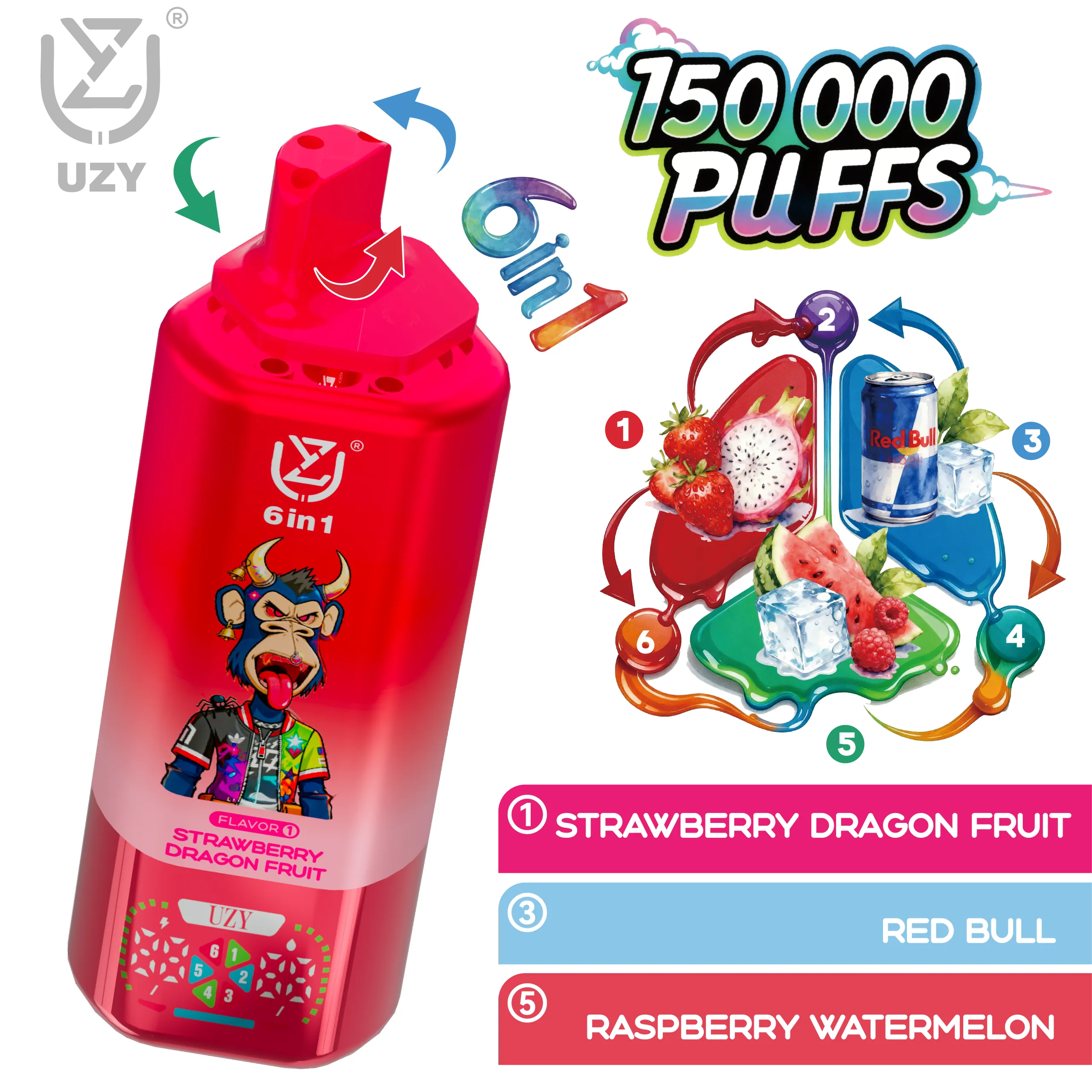 Vapemaison UZY 6 en 1 150K - sabores Strawberry Dragon Fruit y Redbull)