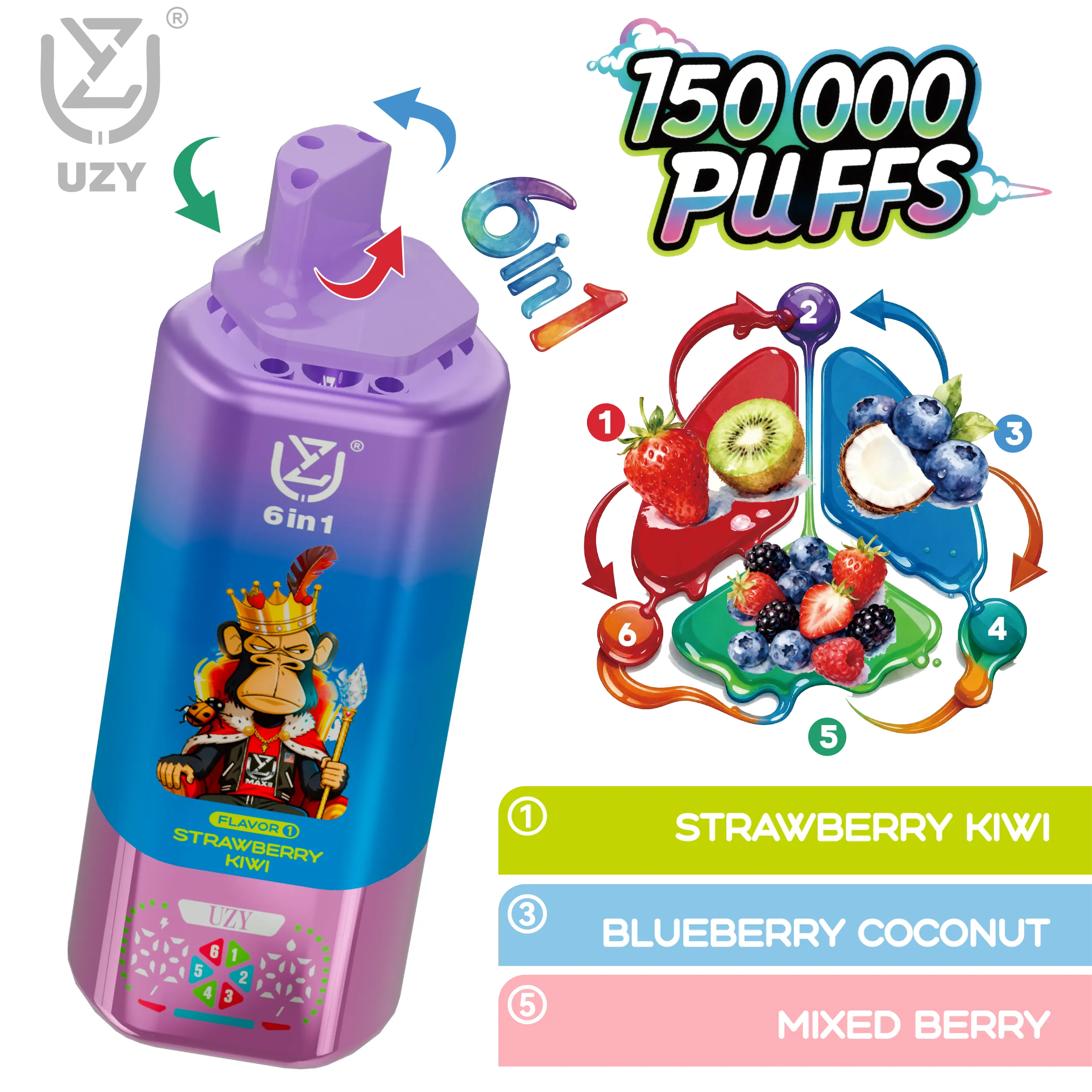 Vapemaison UZY 6 en 1 150K - sabores Strawberry Kiwi y Blueberry Coconut