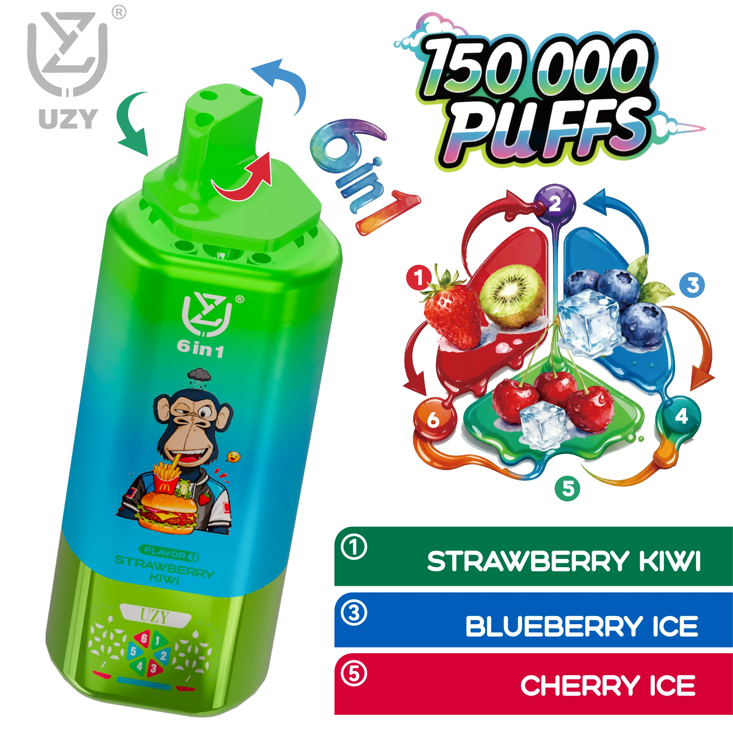 Vapemaison UZY 6 en 1 150K - sabores Strawberry Kiwi y Blueberry Ice