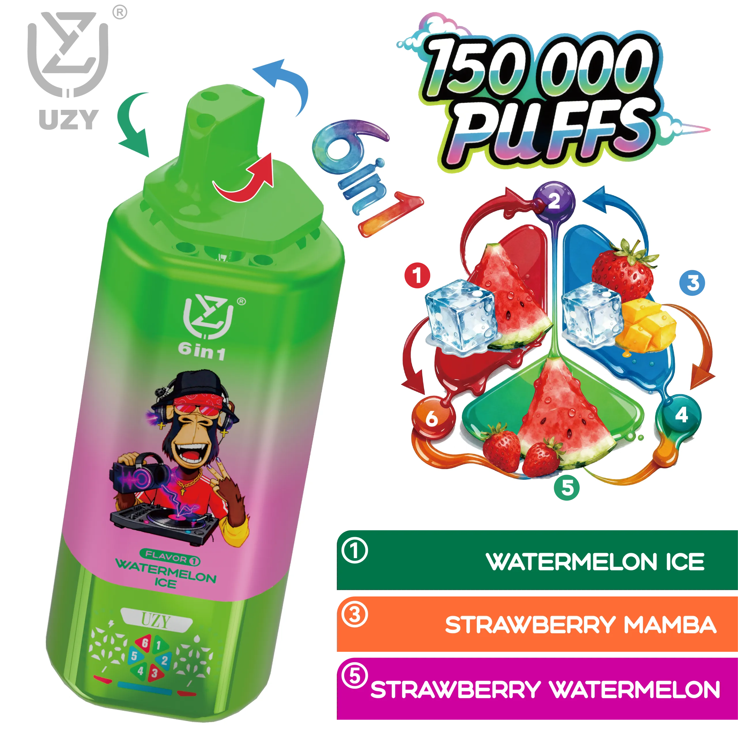 Vapemaison UZY 6 en 1 150K - sabores Watermelon Ice y Strawberry Mamba