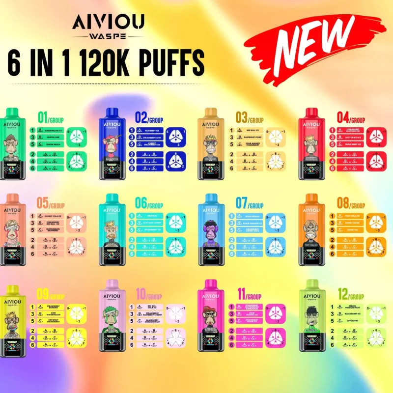 Tabla de sabores del vaper desechable WASPE AIVIOU 6 en 1 120000 puffs