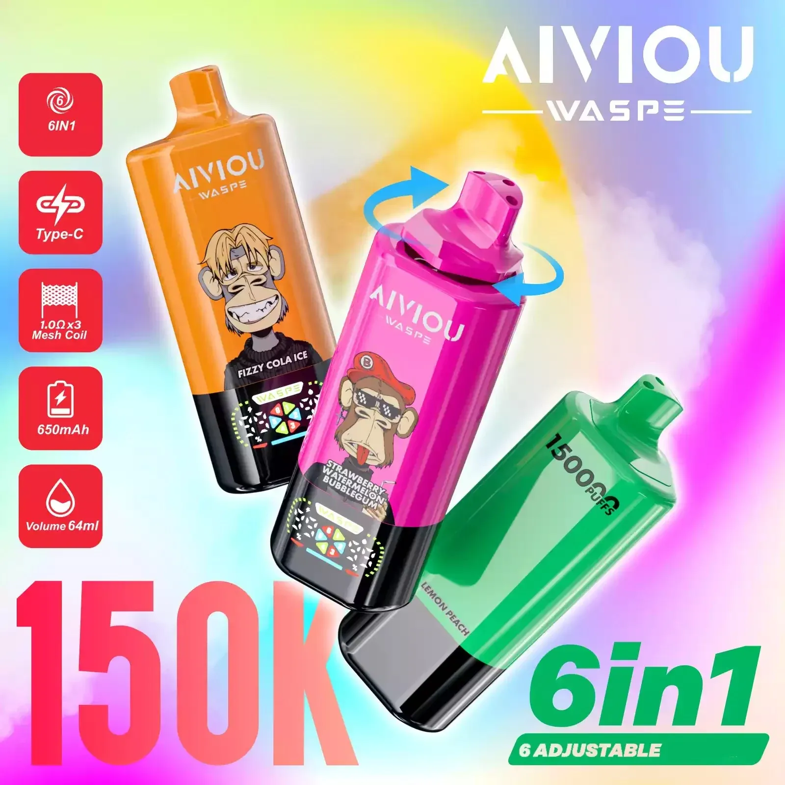 WASPE AIVIOU 6 in 1 150000 Puffs – Vaper Desechable Recargable 6 en 1 - Imagen 5