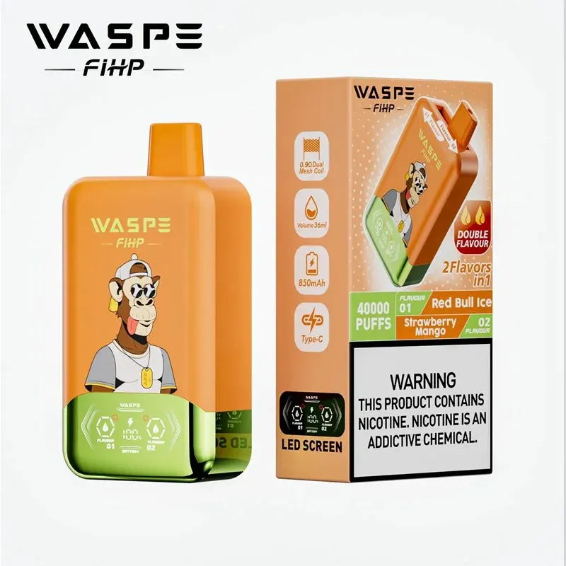 Vaper desechable WASPE FIHP 40000 de doble sabor con sabores: Red Bull Ice y Strawberry Mango