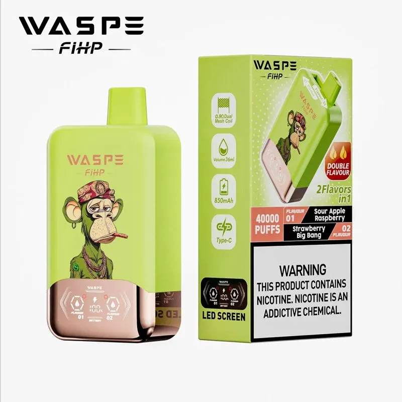 Vaper desechable WASPE FIHP 40000 de doble sabor con sabores: Sour Apple Raspberry y Strawberry Big Bang