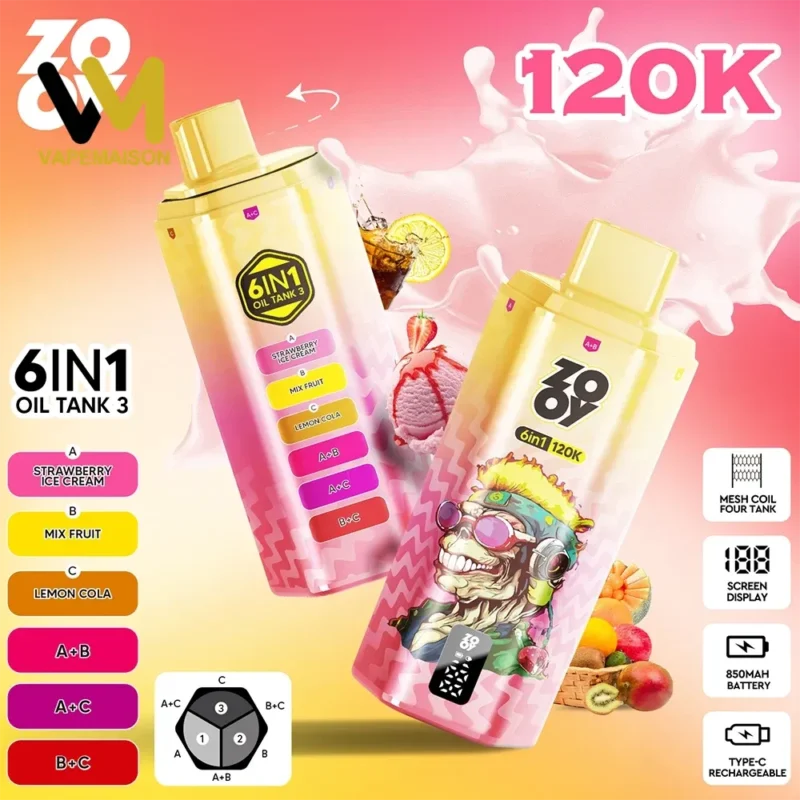 ZOOY 6IN1 120K Puffs – Vaper Desechable Recargable 6 en 1 con Pantalla LED