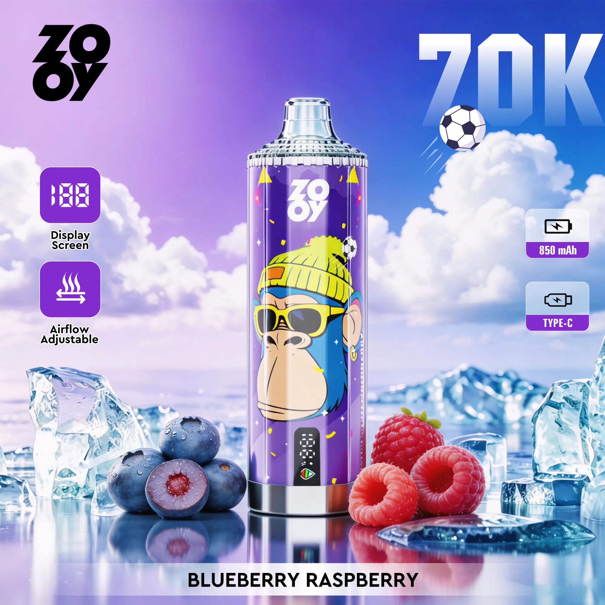 ZOOY Crystal 70K | Vaper Desechable 70.000 Caladas con Pantalla Digital y Dual Mesh 0.5Ω - Imagen 3