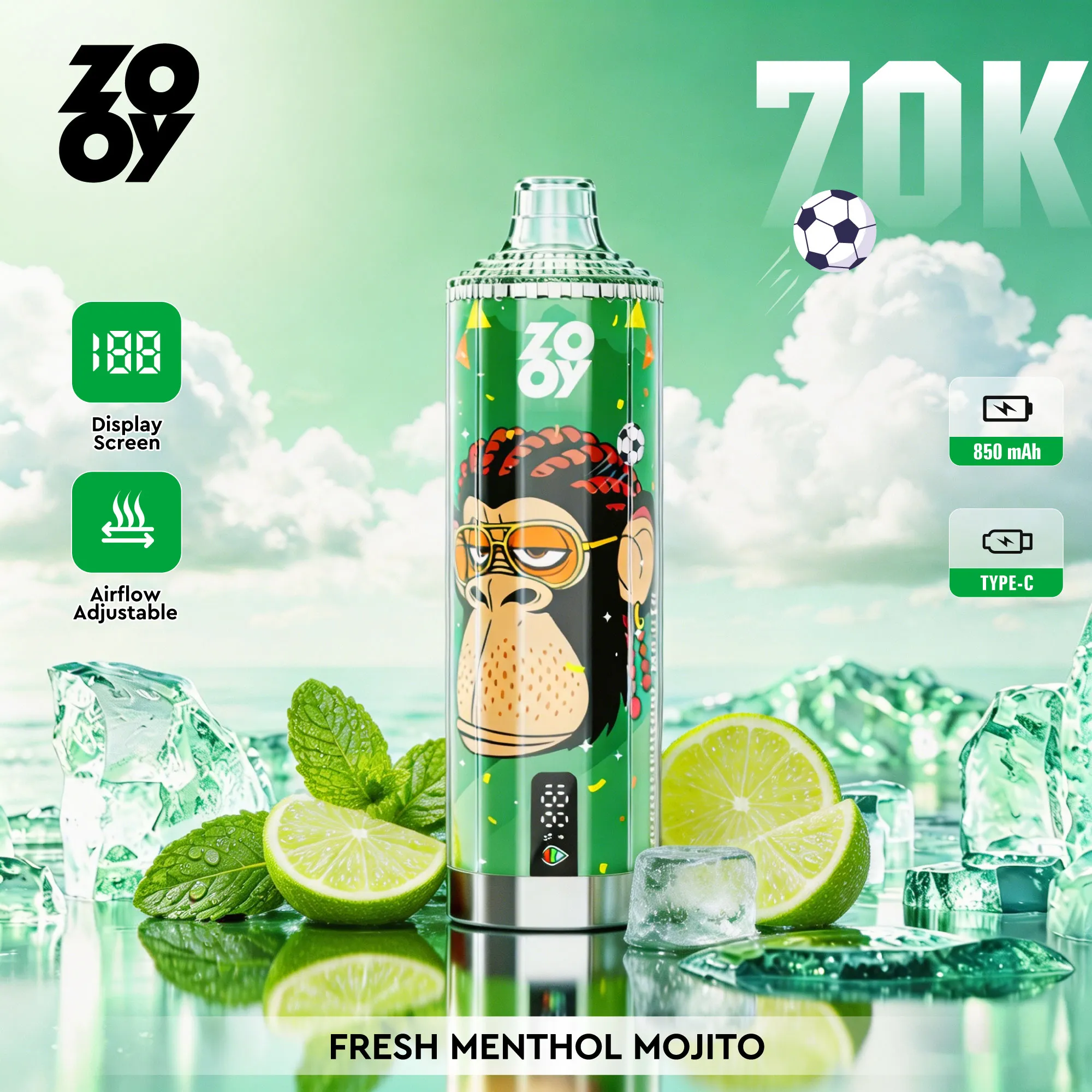 ZOOY Crystal 70K | Vaper Desechable 70.000 Caladas con Pantalla Digital y Dual Mesh 0.5Ω - Imagen 5