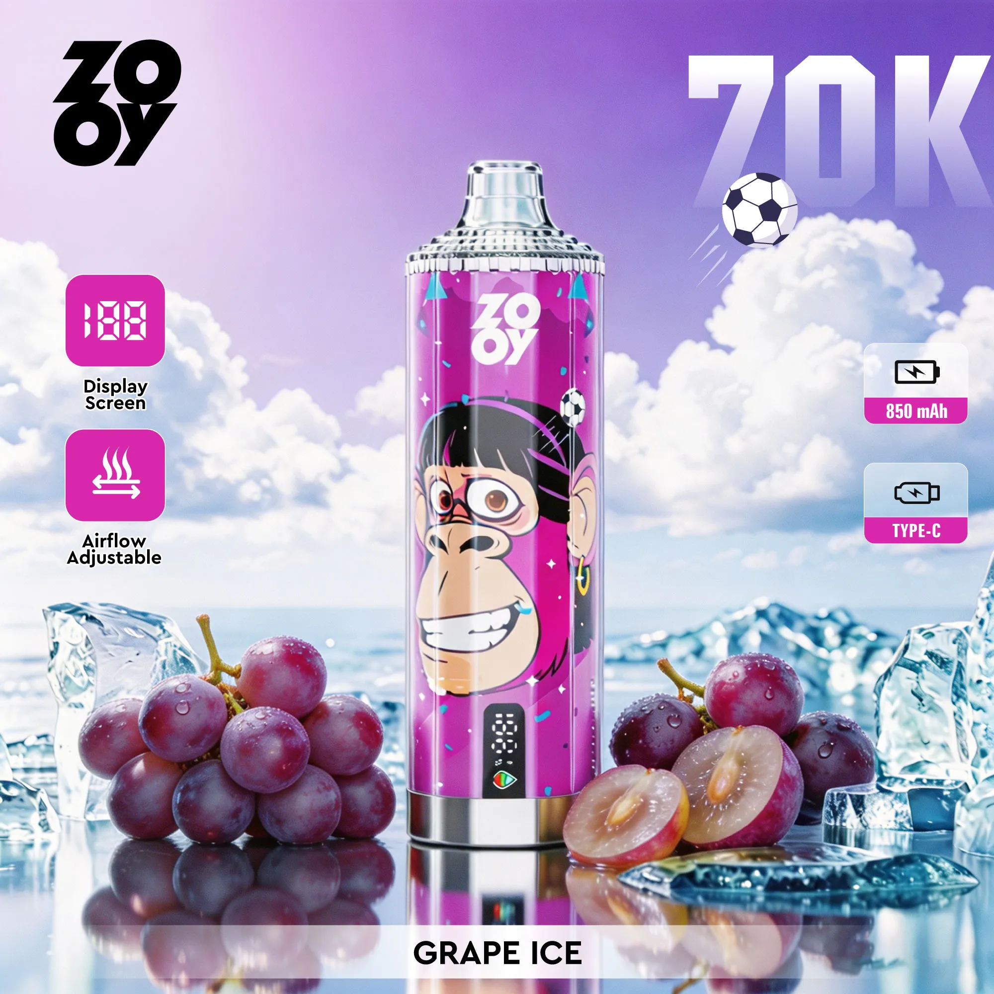 ZOOY Crystal 70K | Vaper Desechable 70.000 Caladas con Pantalla Digital y Dual Mesh 0.5Ω - Imagen 6