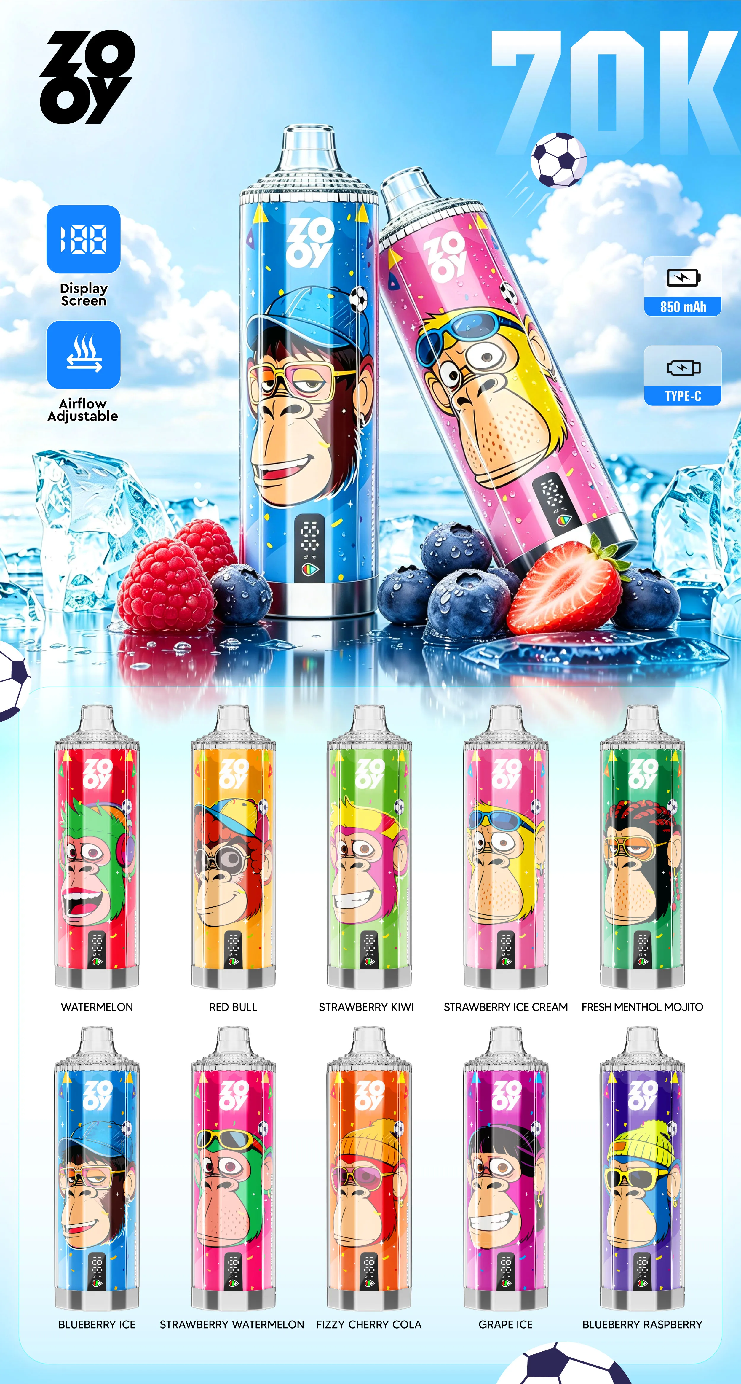 ZOOY Crystal 70K | Vaper Desechable 70.000 Caladas con Pantalla Digital y Dual Mesh 0.5Ω - Imagen 11
