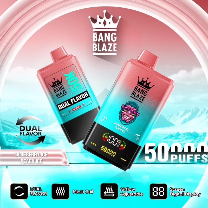 Dos dispositivos vapeadores desechables recargables Bang Blaze 50K con sabor Blueberry Ice y Peach Ice, mostrando su pantalla LCD y sistema de doble sabor.