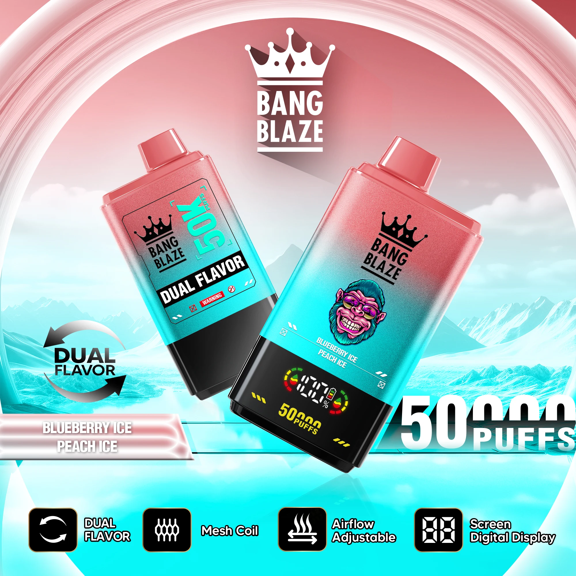 Dos dispositivos vapeadores desechables recargables Bang Blaze 50K con sabor Blueberry Ice y Peach Ice, mostrando su pantalla LCD y sistema de doble sabor.