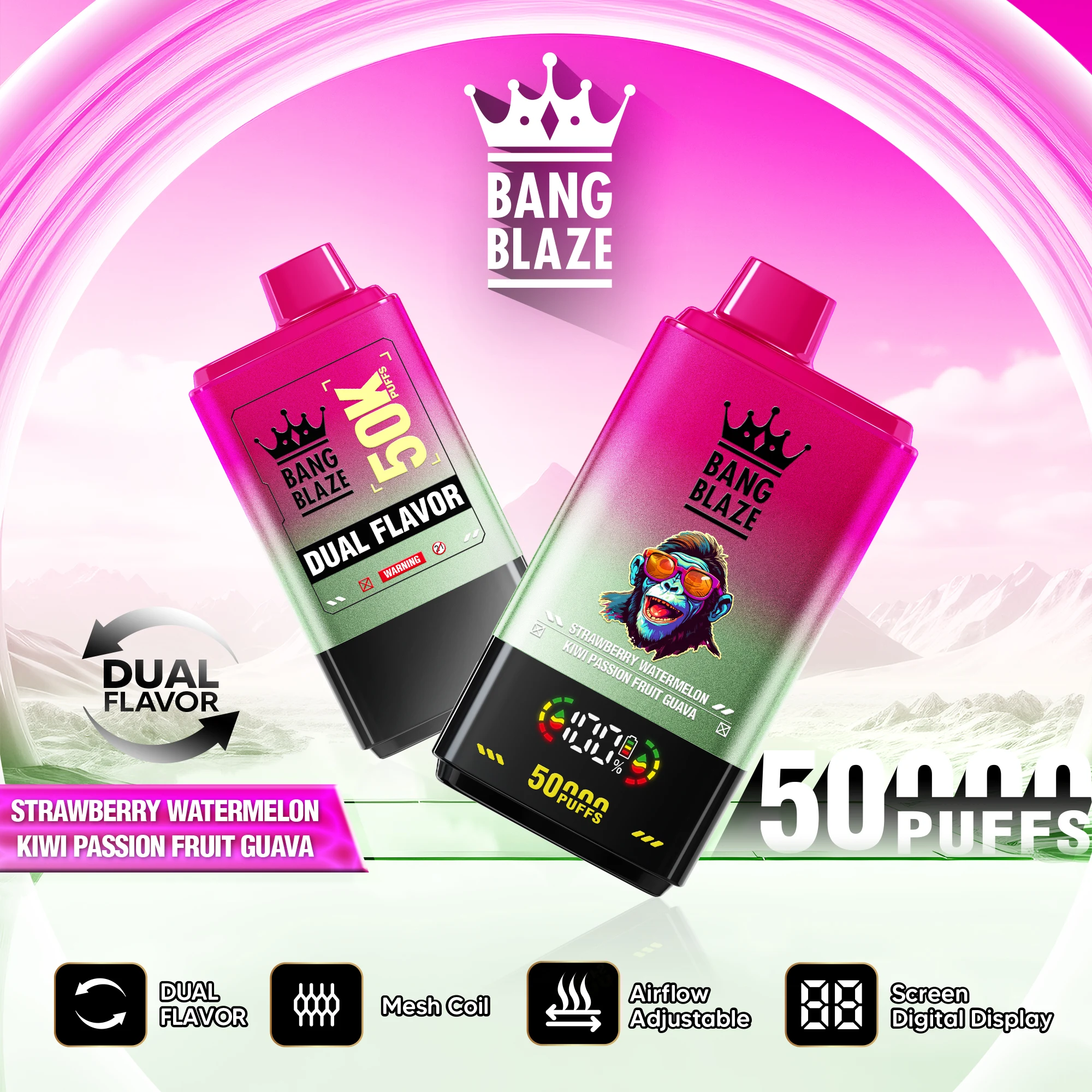 Vapeador desechable recargable Bang Blaze 50000 con doble sabor Strawberry Watermelon y Kiwi Passion Fruit Guava.