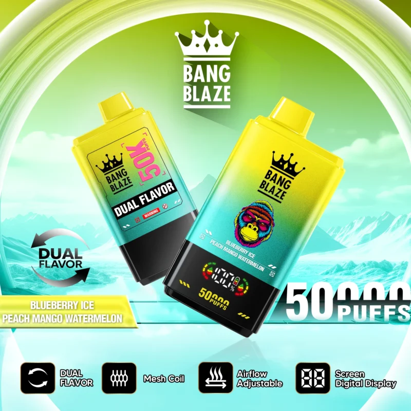 Vapeador desechable Bang Blaze 50K con dos dispositivos de sabores Blueberry Ice y Peach Mango Watermelon.