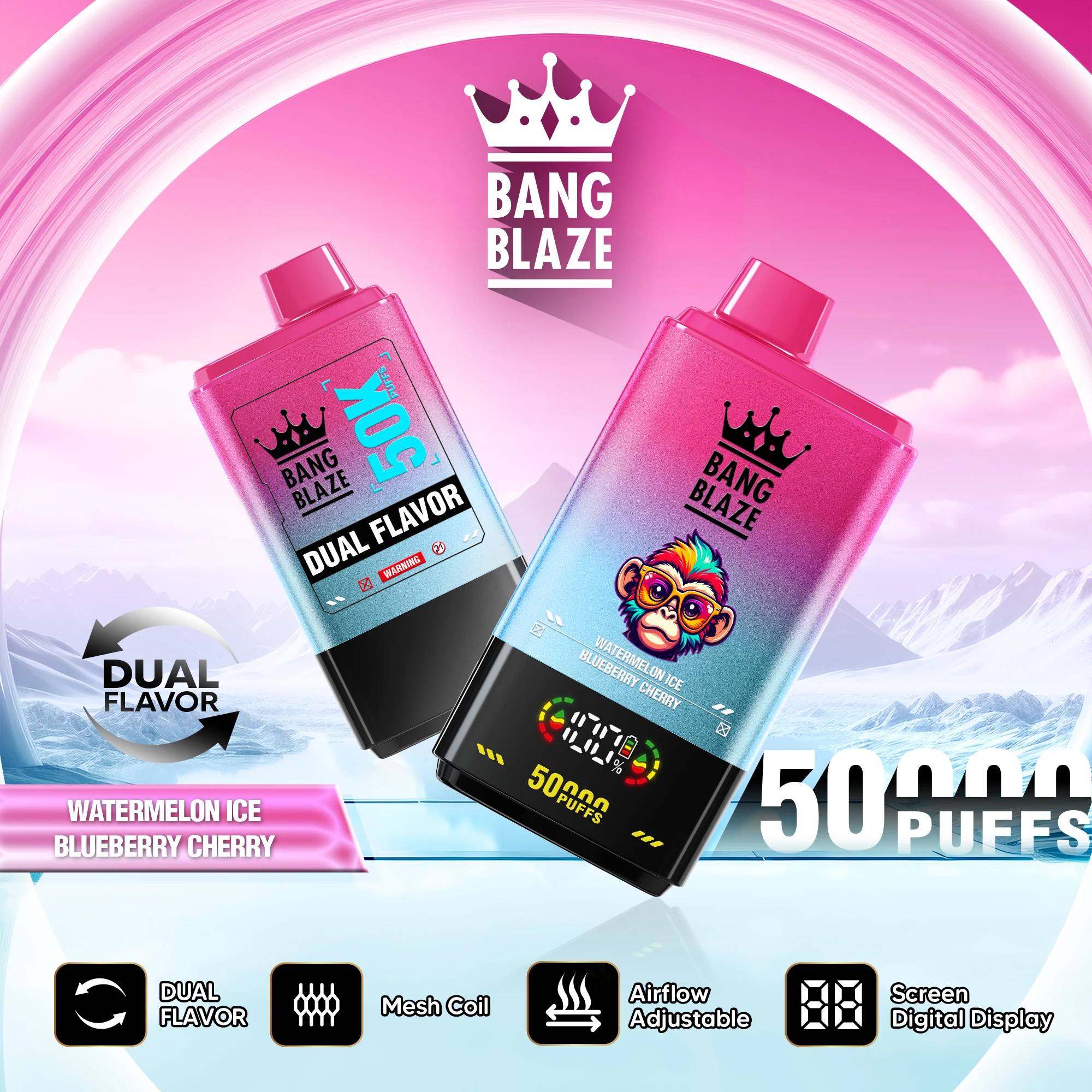 Vapeador desechable recargable Bang Blaze 50K con sistema de doble sabor en Watermelon Ice / Blueberry Cherry.