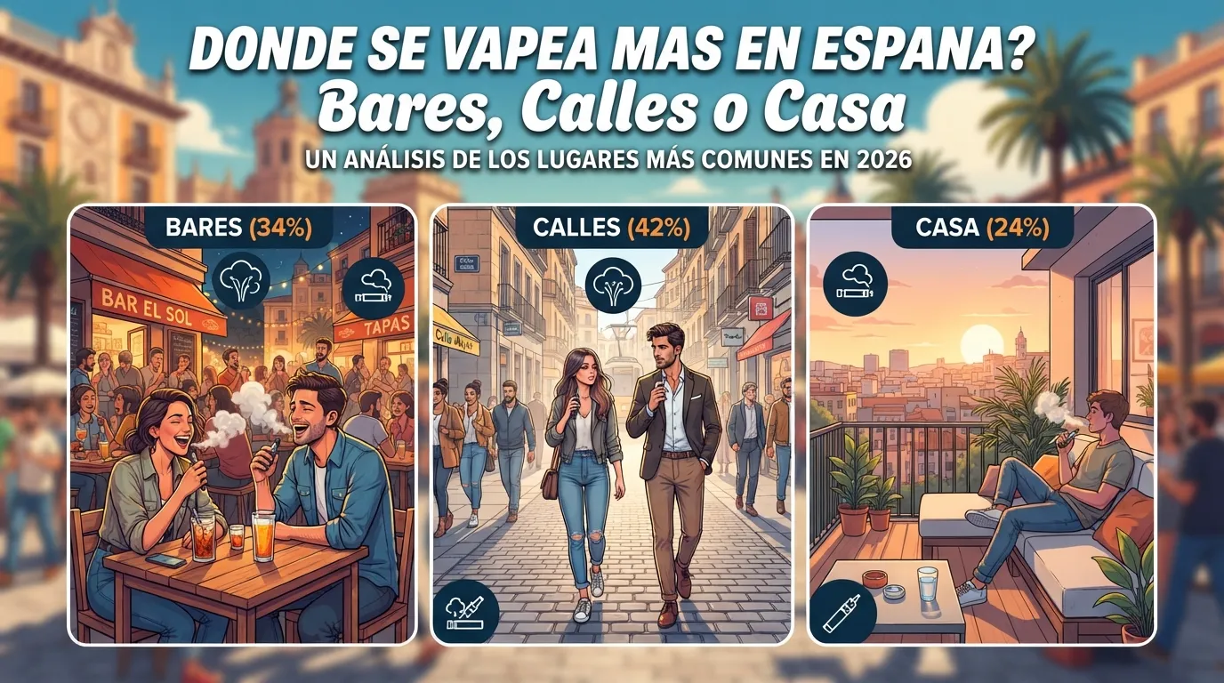 Infografía de análisis 2026 en España sobre los lugares donde más se vapea, dividida en tres escenarios: bares (34%), calles (42%) y casa (24%).