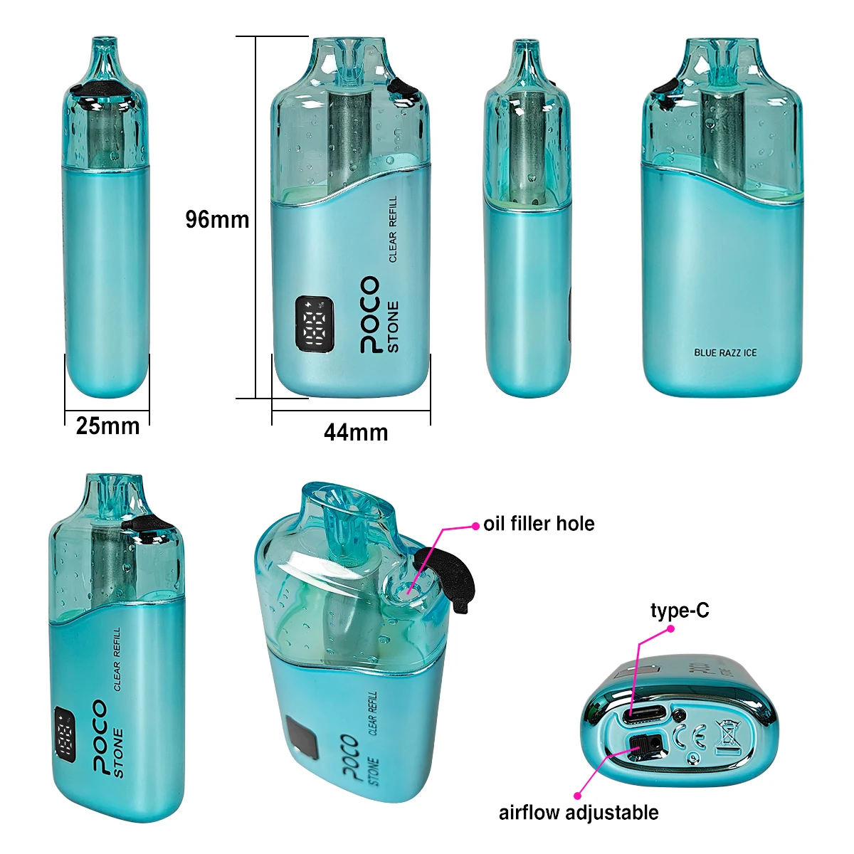 Vaper desechable POCO Stone 75000 Blue Razz Ice mostrando sus dimensiones, puertos y componentes detallados.