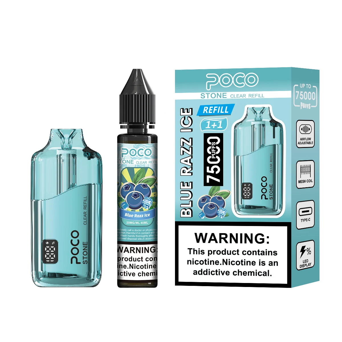 Vaper desechable POCO Stone 75000 Puffs en sabor Blue Razz Ice, mostrado con su caja y recarga de e-líquido.