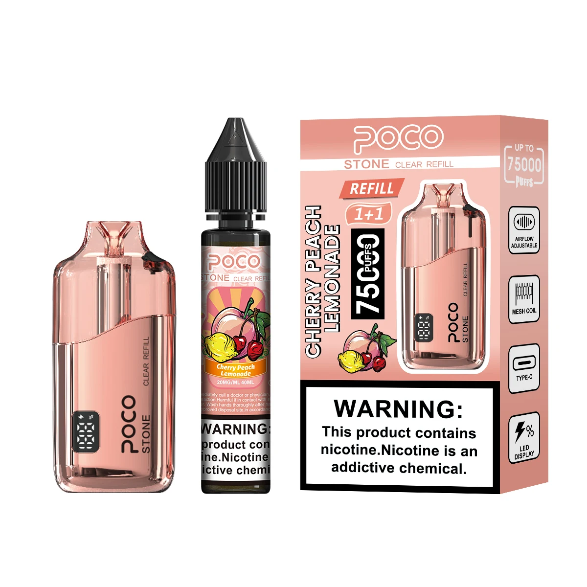 Vaper desechable POCO Stone 75000 Puffs en sabor Cherry Peach Lemonade con su caja y depósito de repuesto.