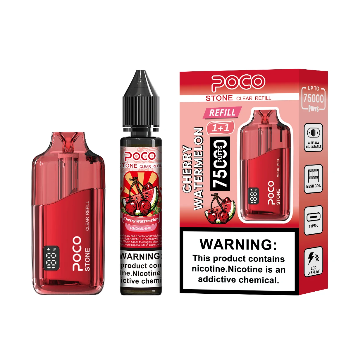 Vaper desechable POCO Stone 75000 Puffs Cherry Watermelon con botella de líquido de repuesto y caja.