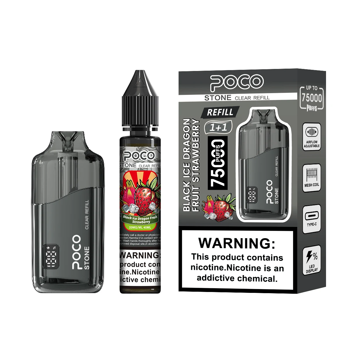 Vaper desechable POCO Stone 75000 Puffs con sabor Black Ice Dragon Fruit Strawberry, incluye dispositivo y e-líquido de recarga.