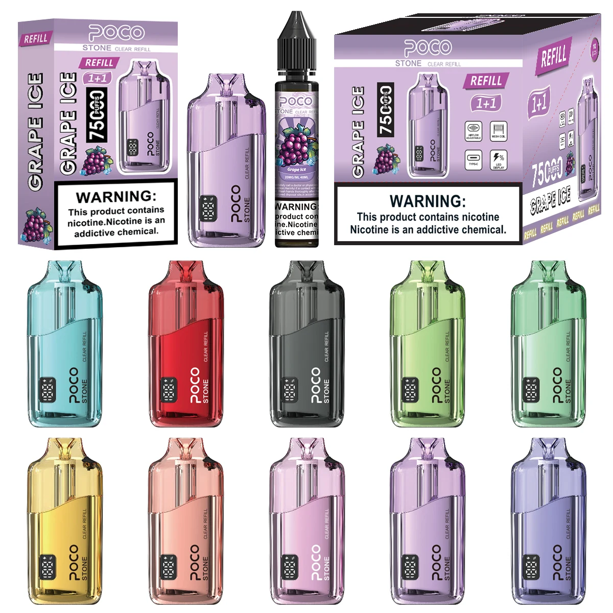 Colección de vapers desechables POCO Stone 75000 en varios colores y sabores con su embalaje.