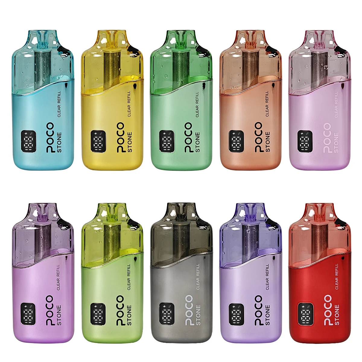 Colección de vapers desechables POCO Stone 75000 en varios colores y acabados.