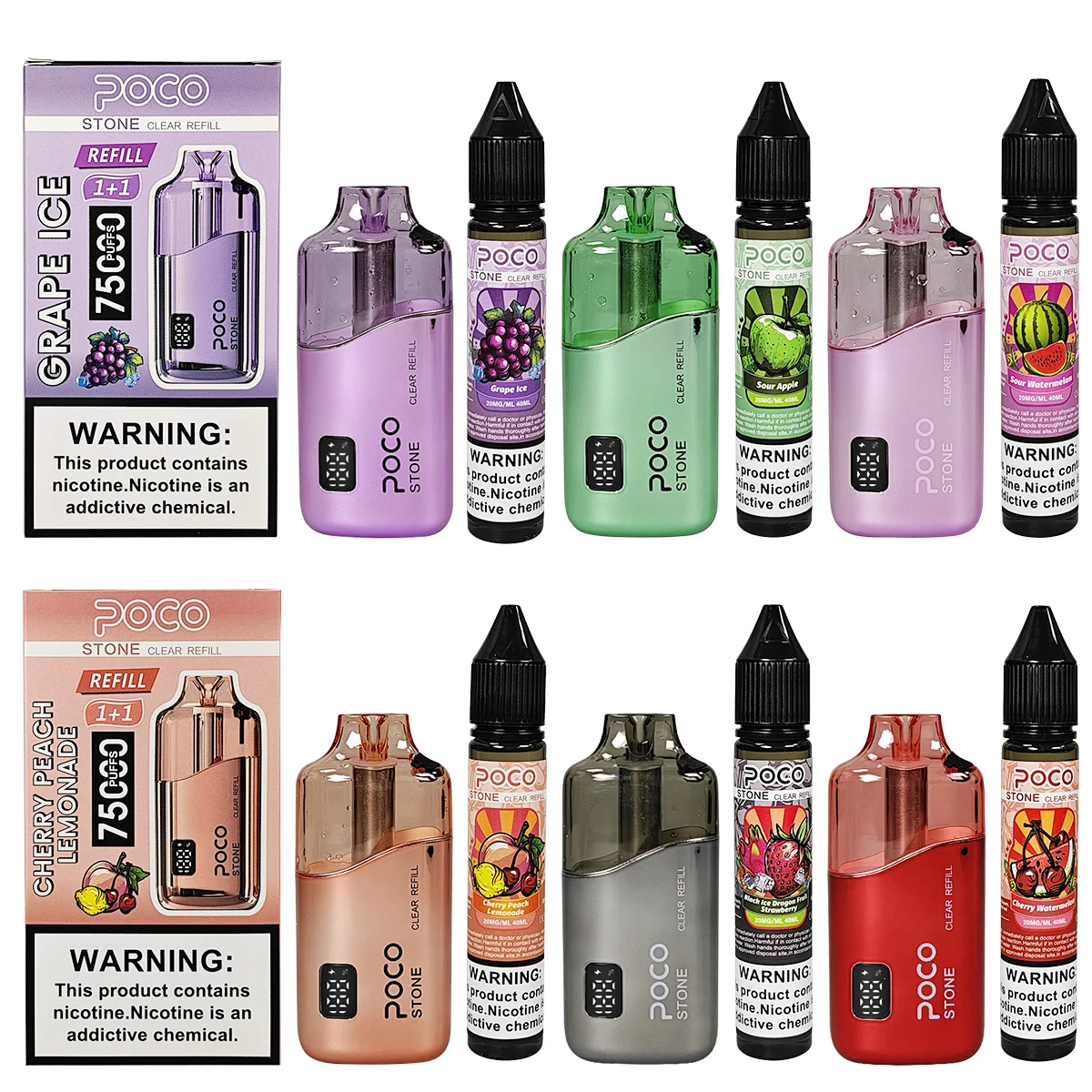 Varios vapers desechables POCO Stone 75000 Puffs con sus envases y botellas de recarga en diferentes sabores y colores.