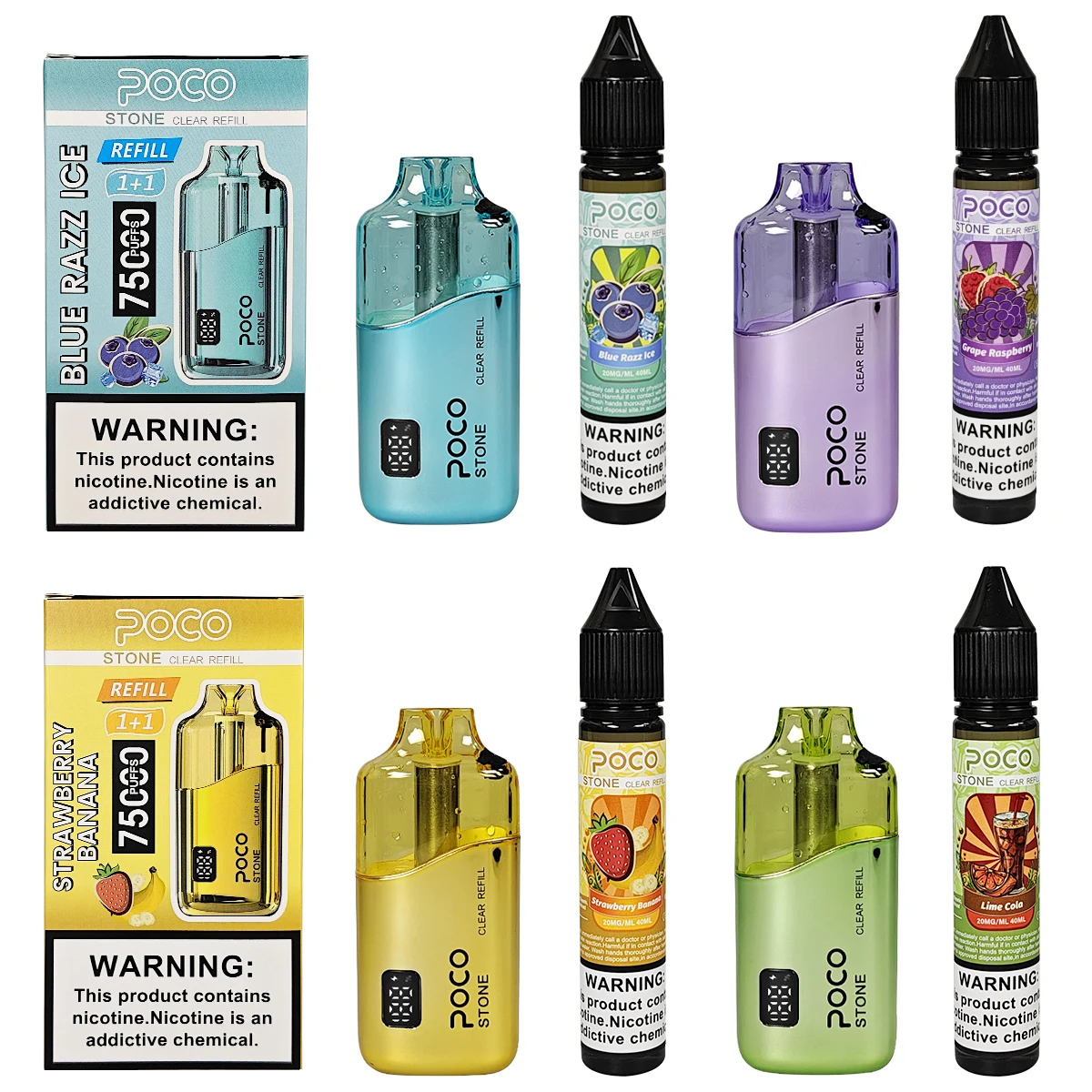 Colección de vapers desechables POCO Stone 75000 con botellas de recarga en varios sabores y colores.