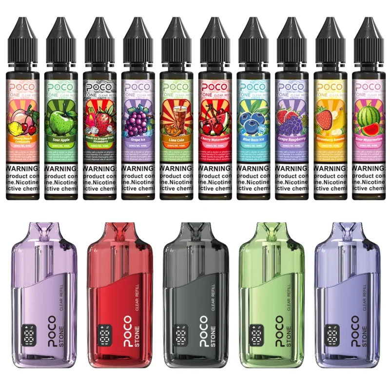 Variedad de dispositivos vaper desechables POCO Stone 75000 y botellas de e-líquido con diferentes sabores expuestos.