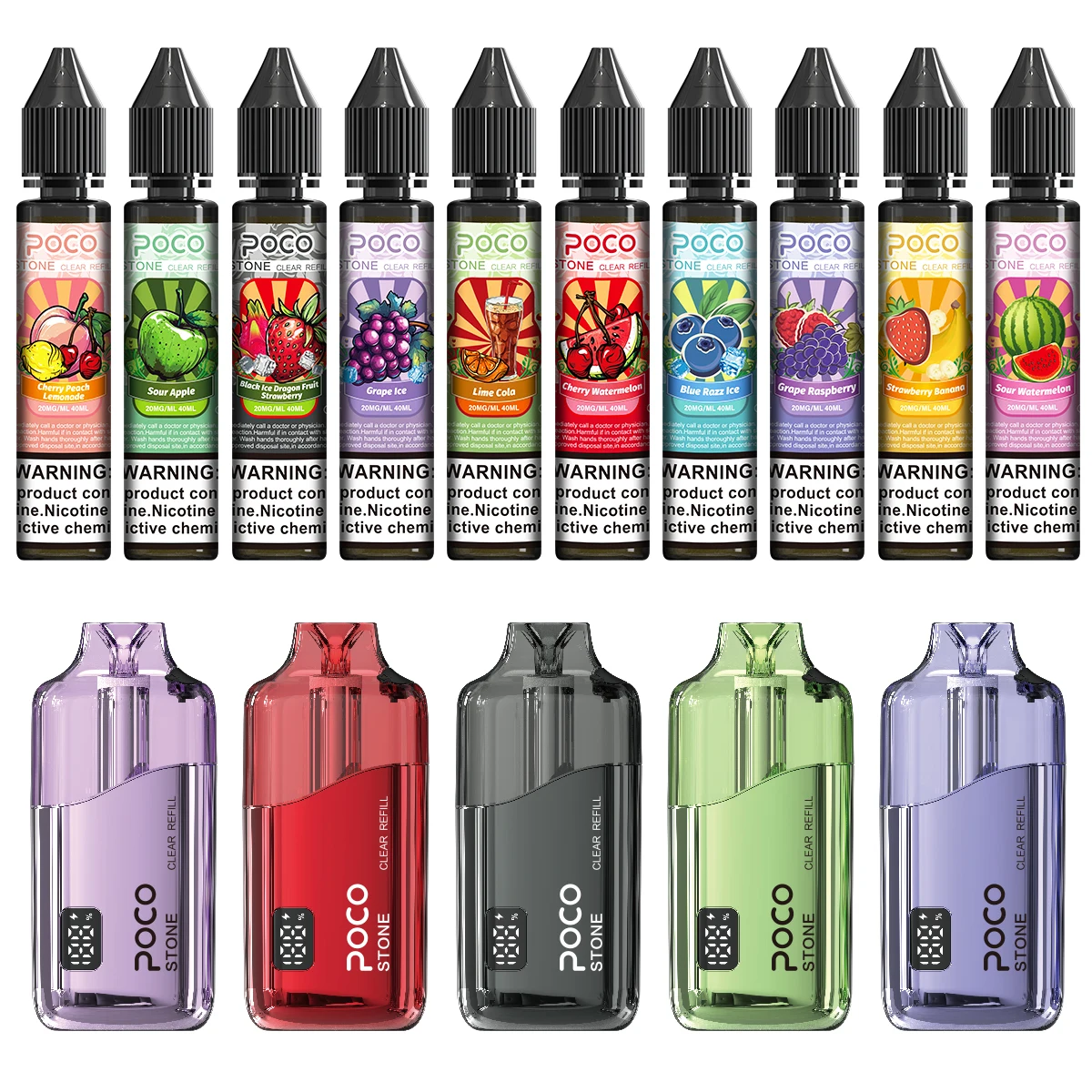 Variedad de dispositivos vaper desechables POCO Stone 75000 y botellas de e-líquido con diferentes sabores expuestos.