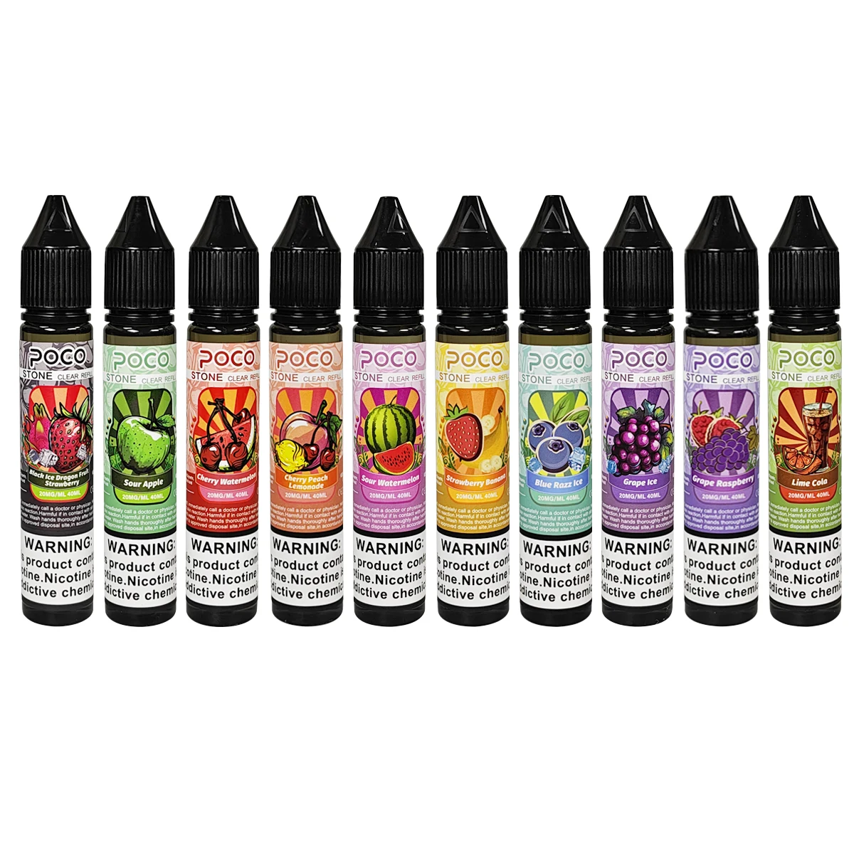 Colección de diez vapers desechables POCO Stone 75000 Puffs en diversos sabores frutales.