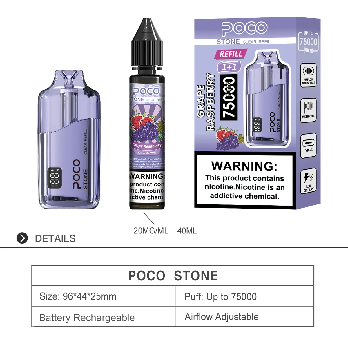 Vaper desechable POCO Stone 75000 Puffs en sabor Grape Raspberry, incluyendo el dispositivo, el frasco de recarga y la caja.