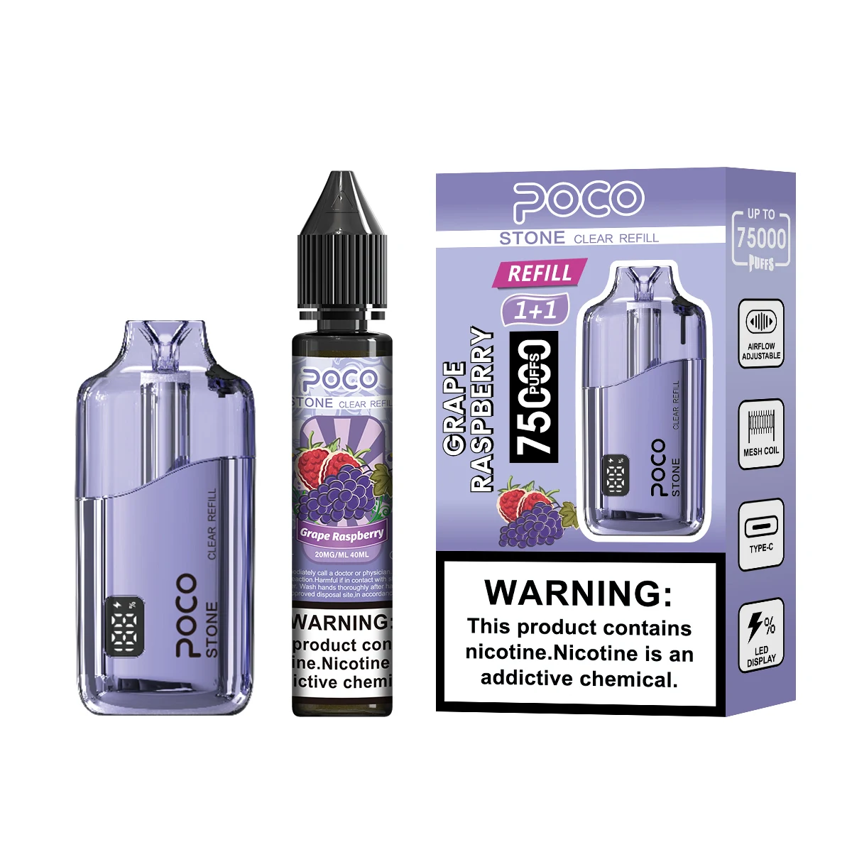 Vaper desechable POCO Stone 75000 Puffs en sabor Grape Raspberry con su envase y recarga de e-líquido.