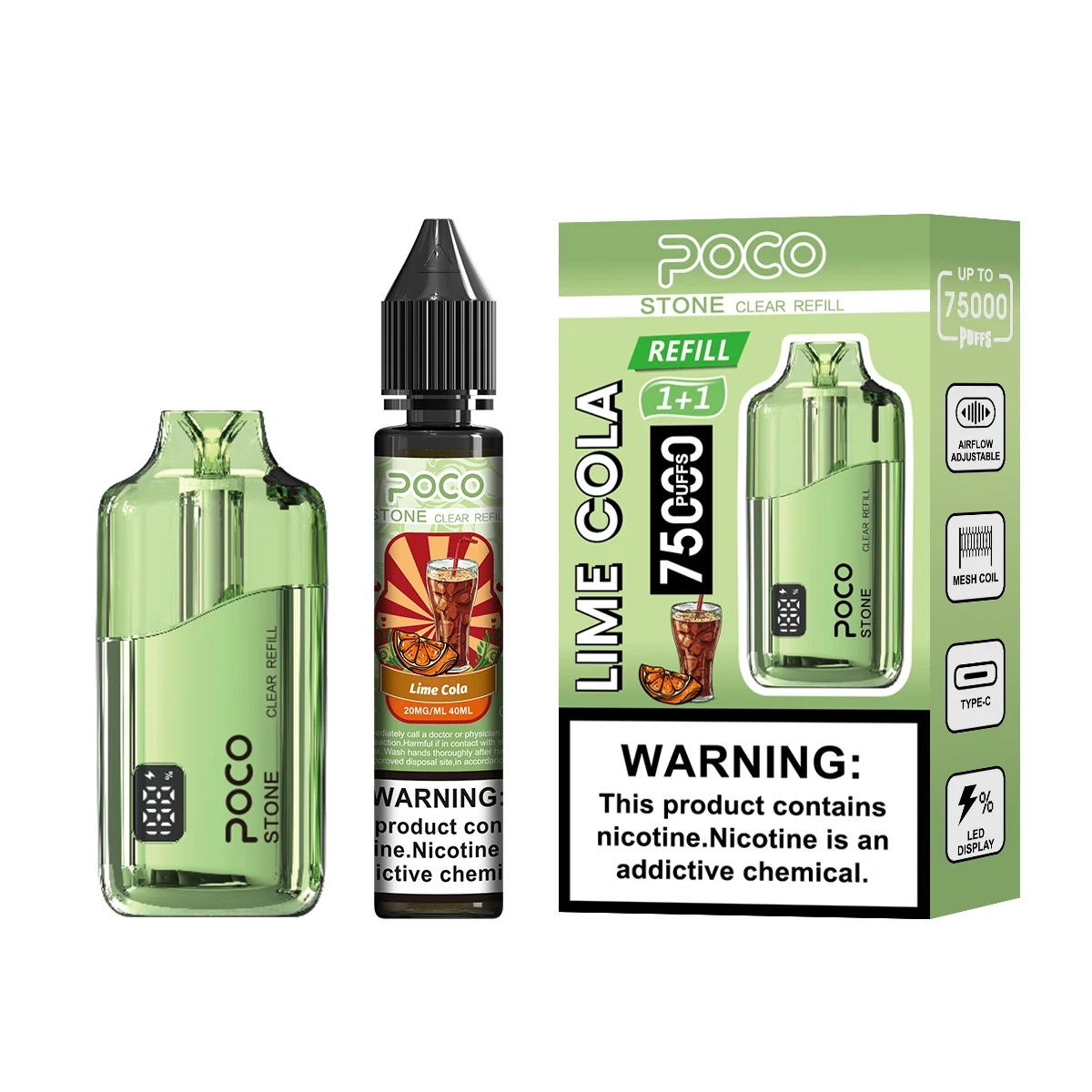 Vaper desechable POCO Stone 75000 Puffs en sabor Lime Cola con su envase y recarga incluida.
