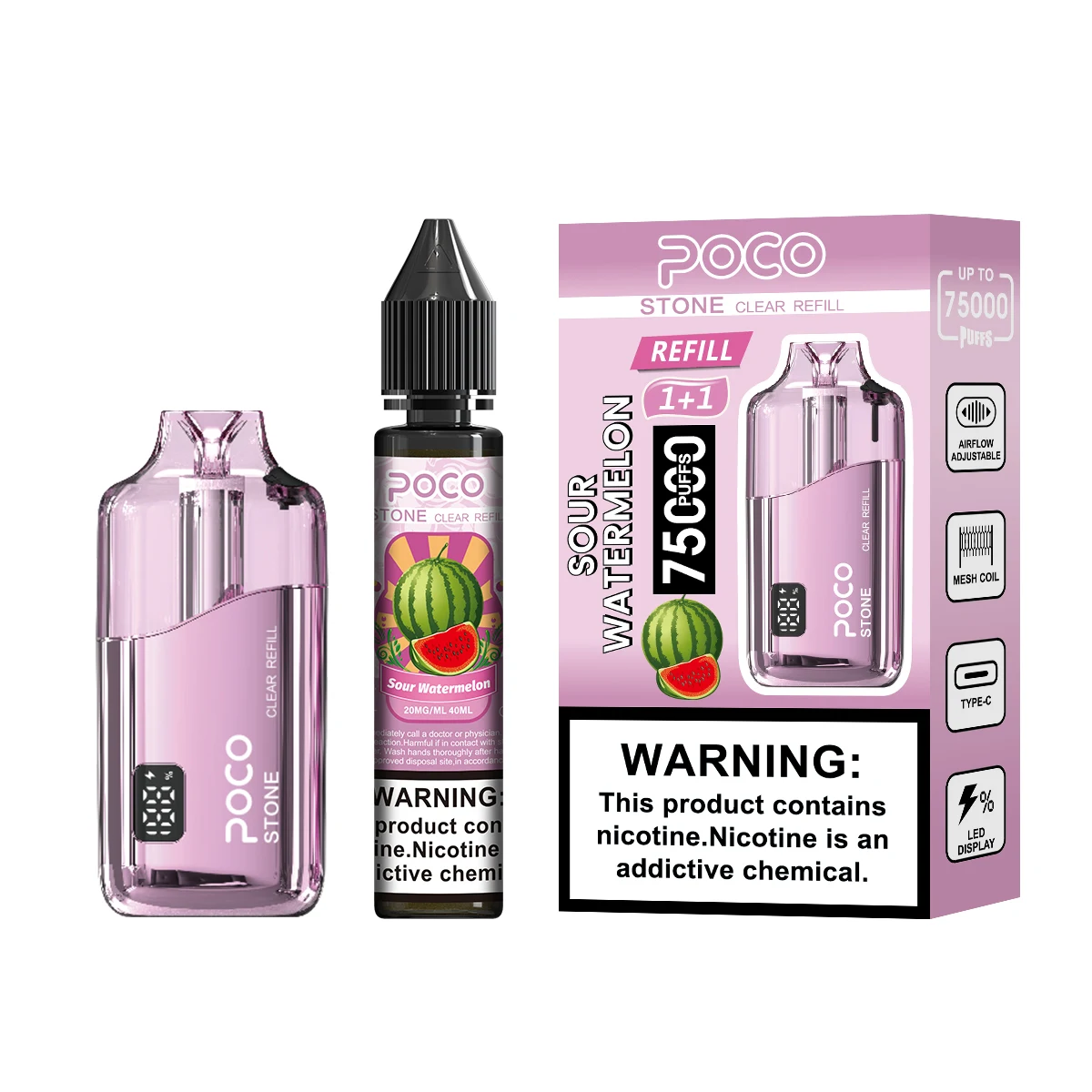 Vaper desechable POCO Stone 75000 Puffs Sour Watermelon con dispositivo, recarga de e-líquido y caja.