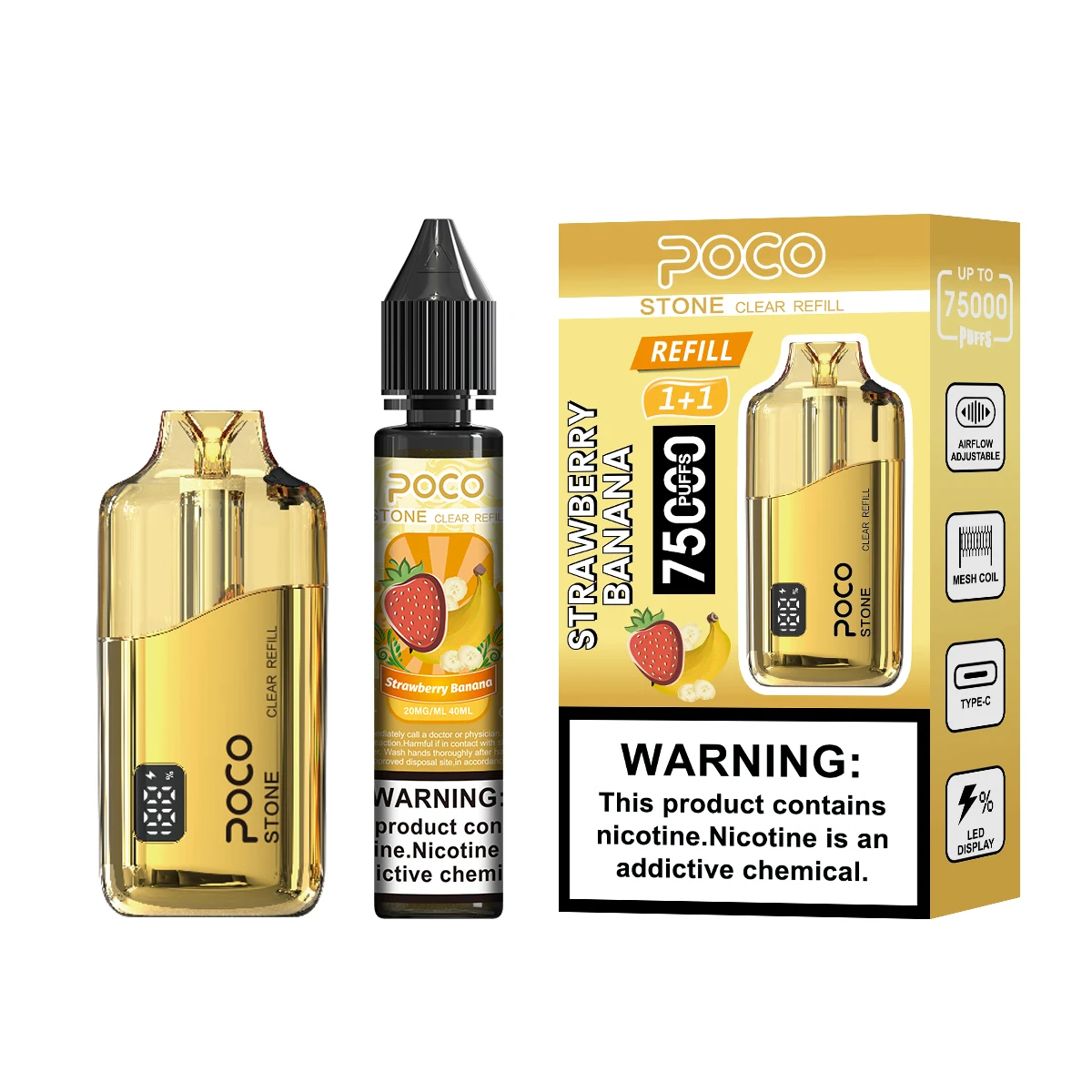 Vaper desechable POCO Stone 75000 Puffs en sabor Strawberry Banana con su caja y recarga.