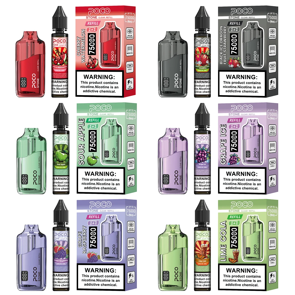 Colección de vapers desechables POCO Stone 75000 en varios sabores y colores.