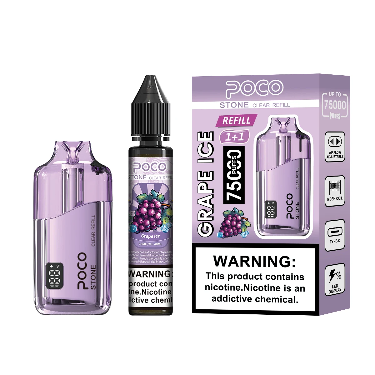 Vaper desechable POCO Stone 75000 Puffs en sabor Grape Ice, con dispositivo, botella de recarga y caja.