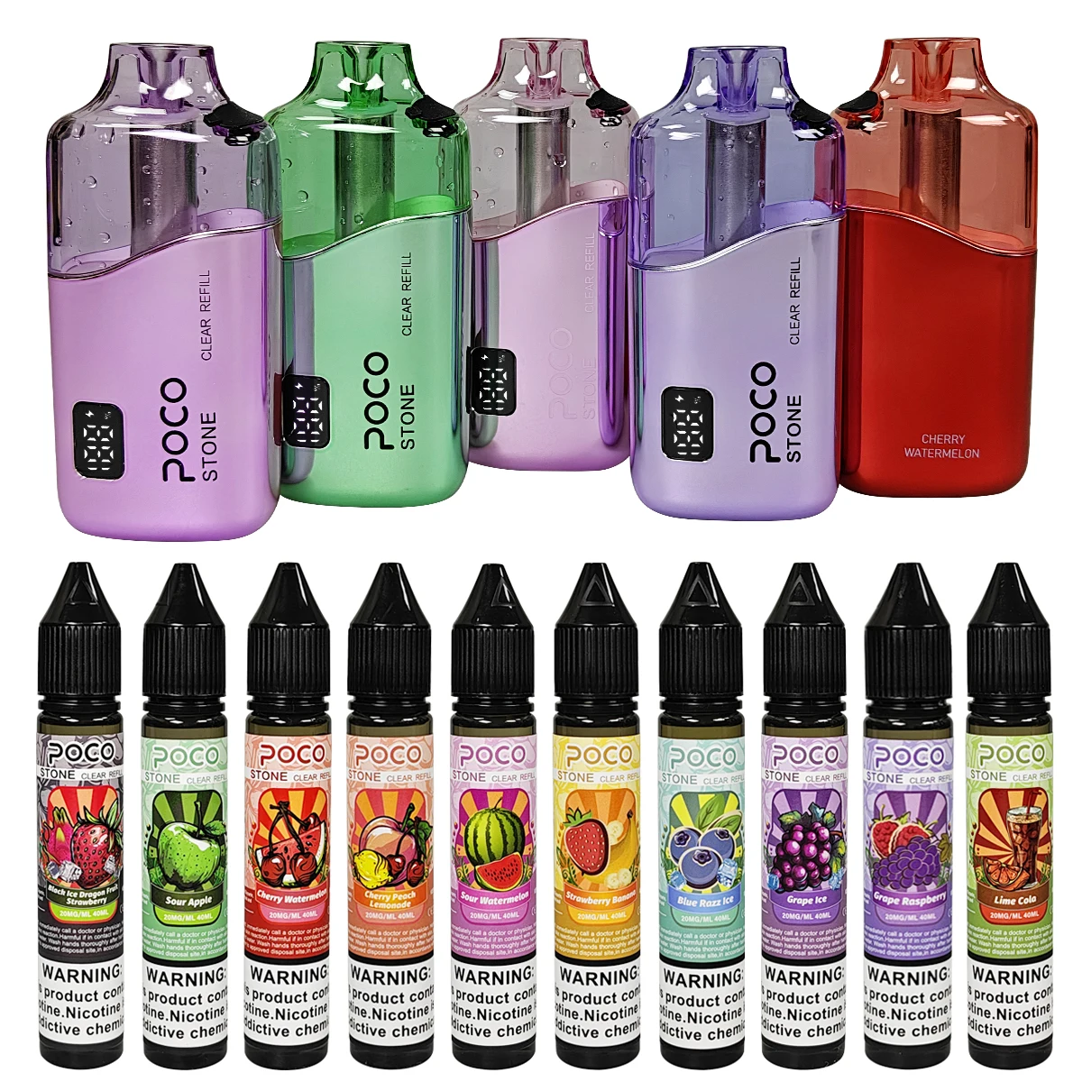 Vapers desechables POCO Stone 75000 Puffs y botellas de e-líquido de varios sabores.