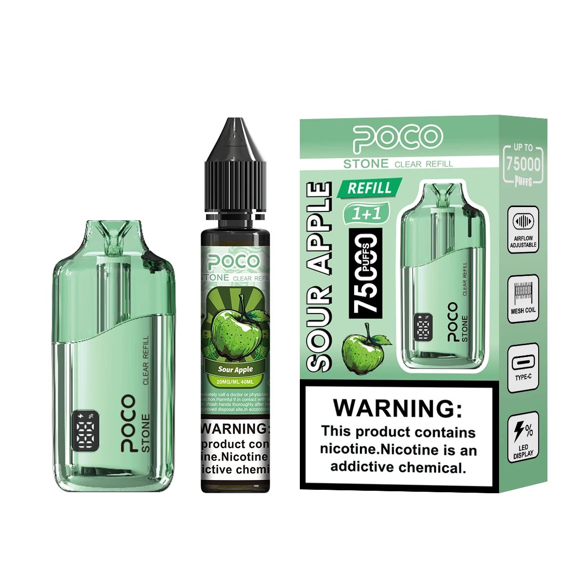 Vaper desechable POCO Stone 75000 Puffs en sabor Sour Apple con su botella de recarga y caja de empaquetado.