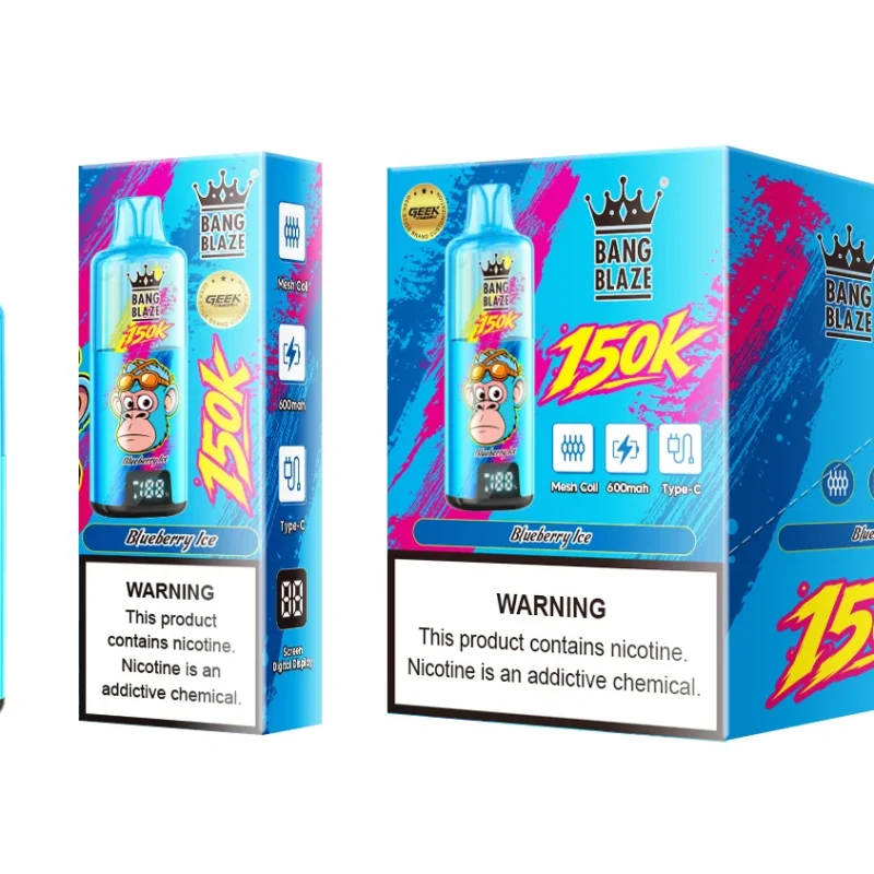 Vaper desechable Bang Blaze 150K en sabor Blueberry Ice, junto a su caja individual y exhibidor de venta.